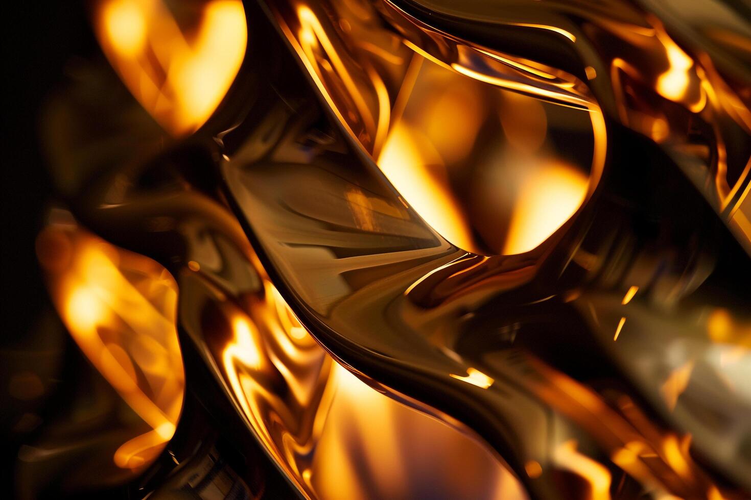 Abstract patterns of flames reflected in polished brass sculpture creating serene ambiance background nature photo