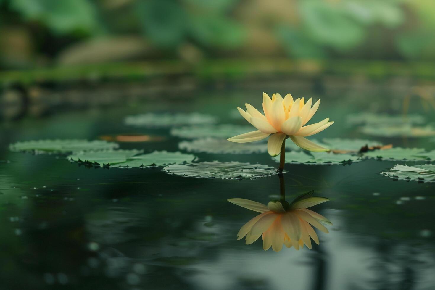 Single lotus flower reflected in the calm waters of Zen garden pond background nature photo