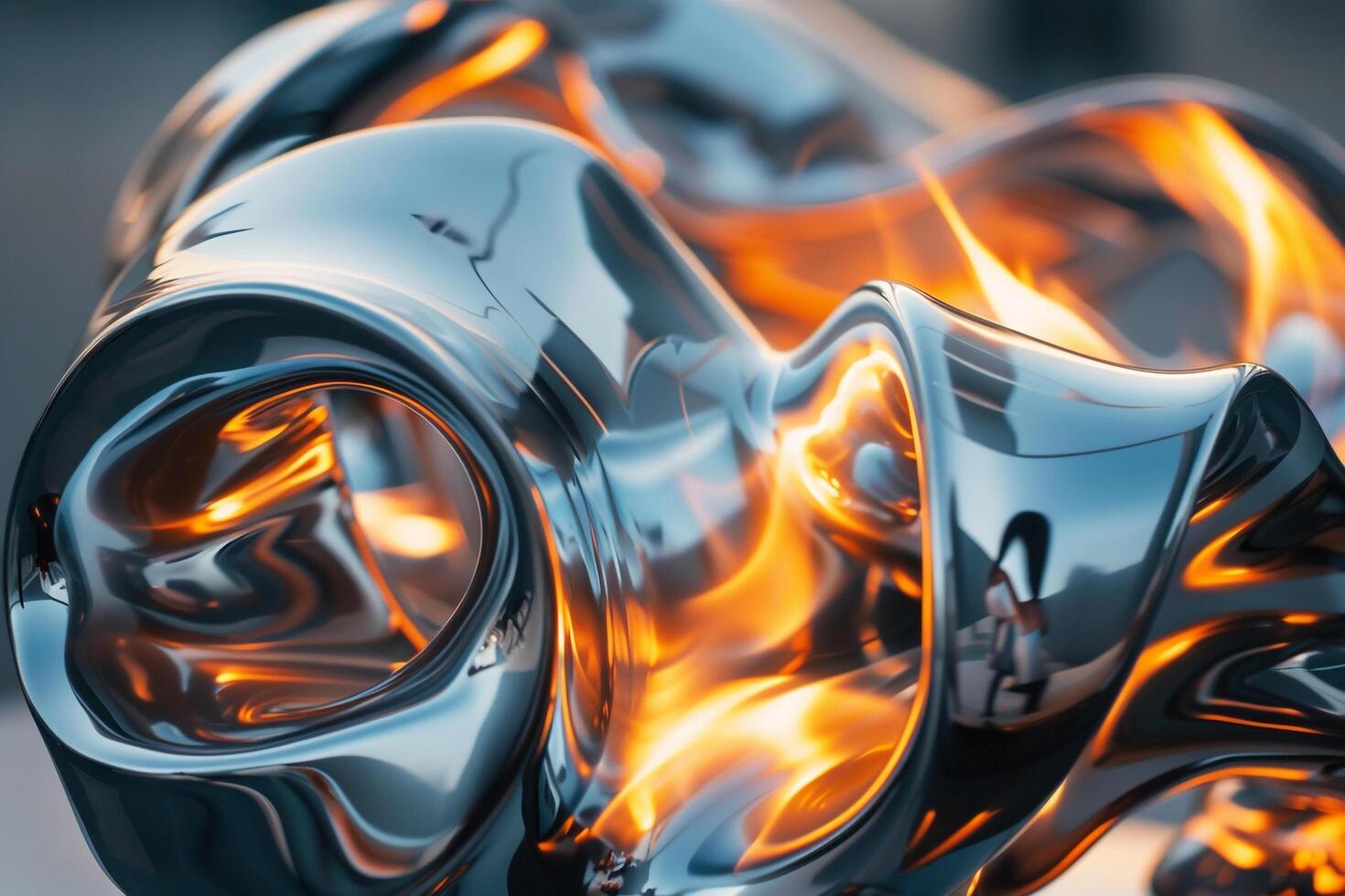 Abstract patterns of flames reflected in polished metal sculpture creating ambiance background nature photo