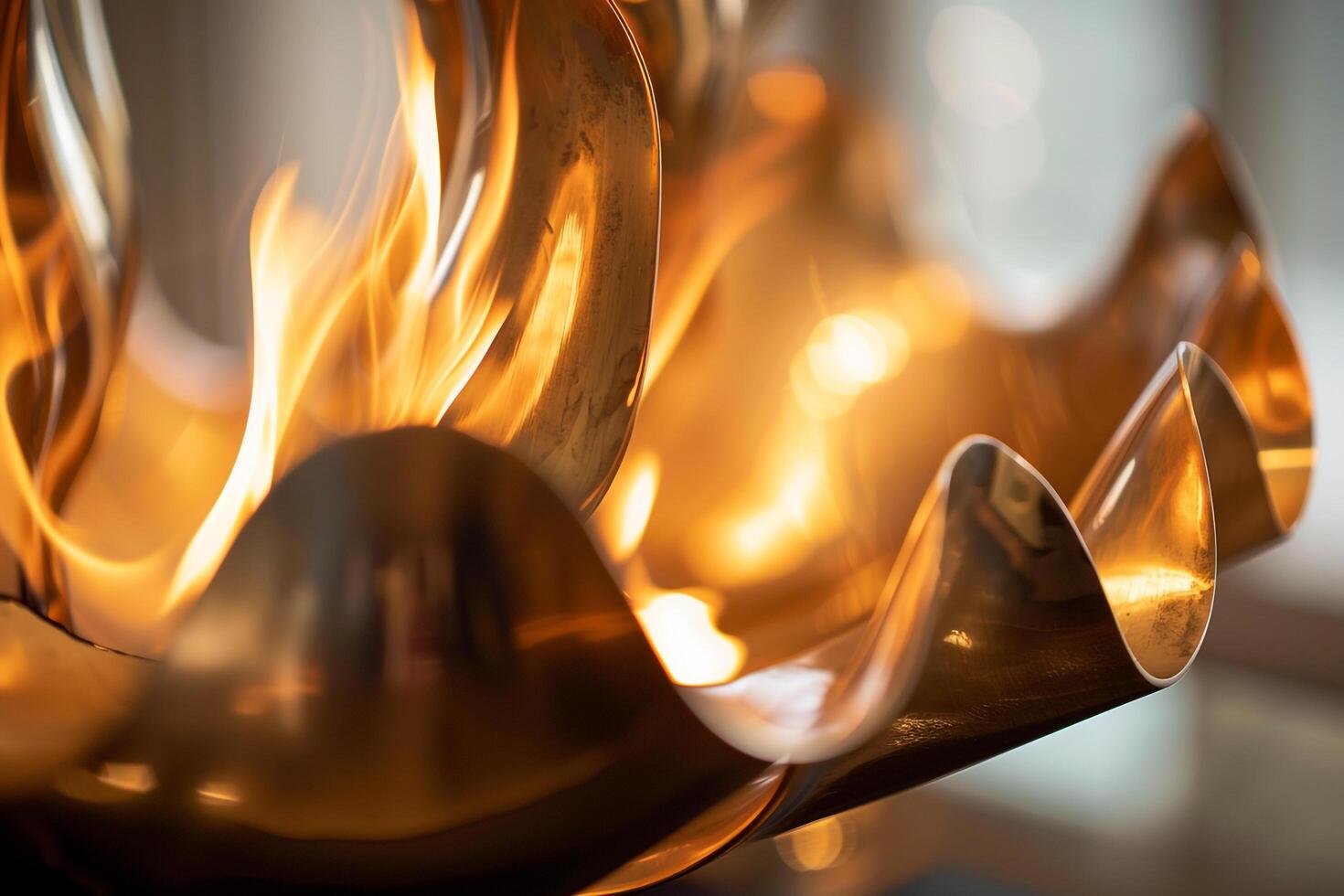 Abstract reflections of flames in a polished brass sculpture creating ambiance background nature photo