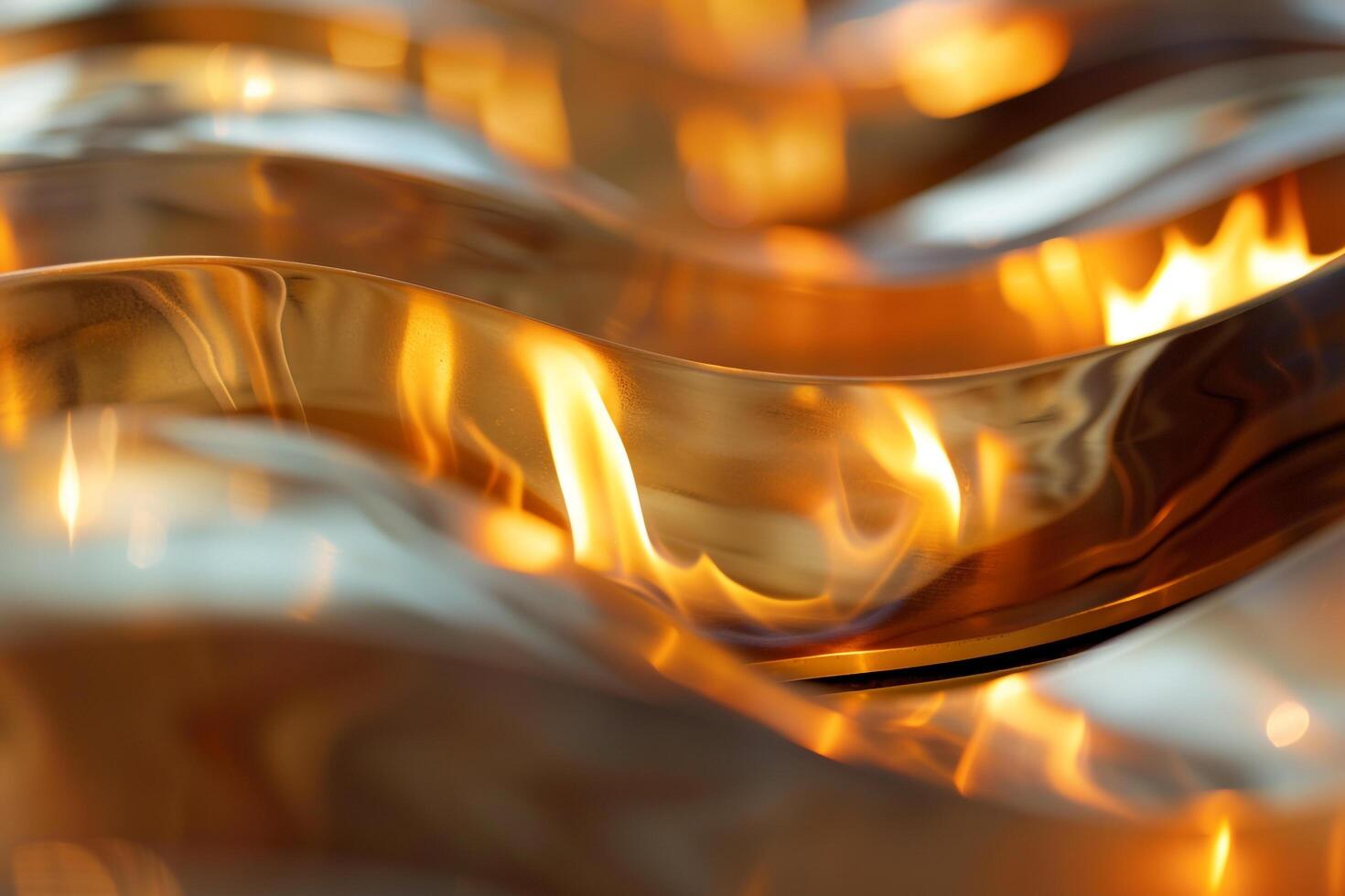 Abstract flame reflections on polished brass sculpture creating ambiance background nature photo