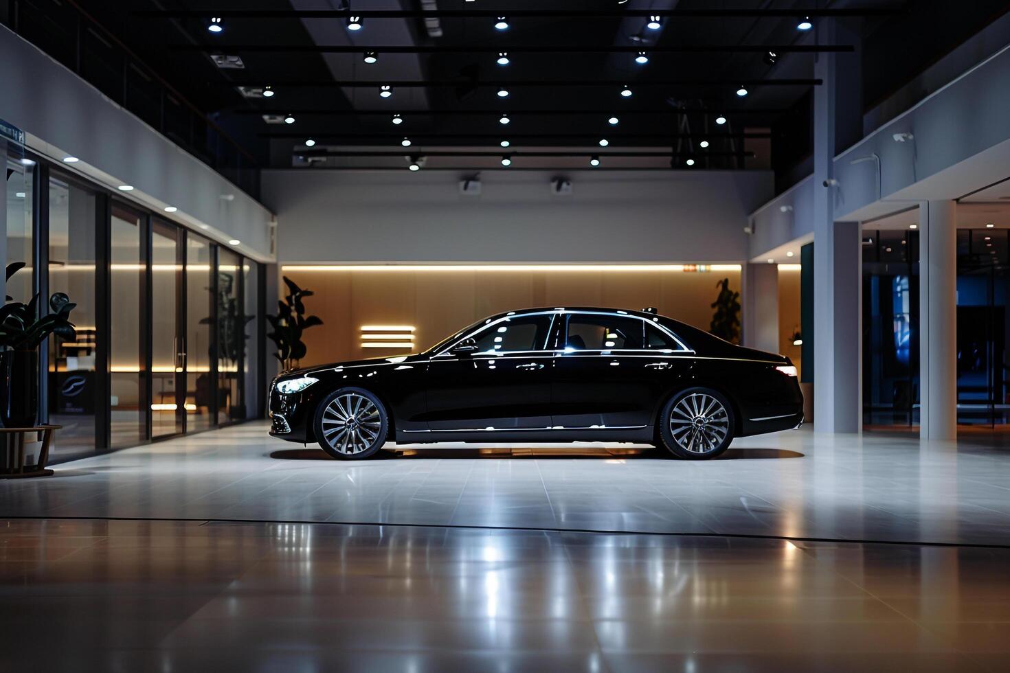 Sophisticated brand new luxury sedan in sleek showroom with spotlights emphasizing cuttingedge features background nature photo
