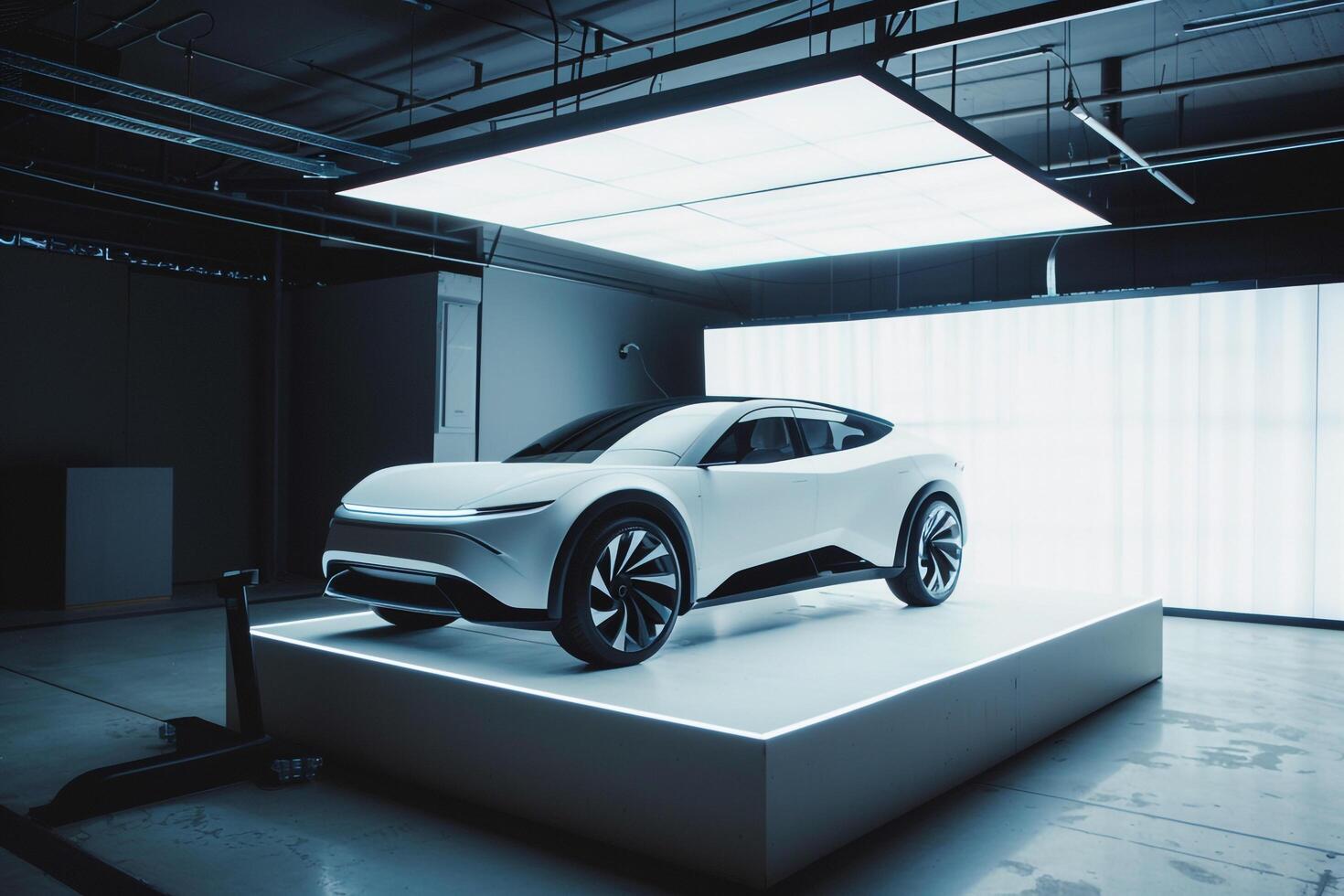 Modern electric vehicle with cuttingedge design displayed on white platform in hightech studio background nature photo