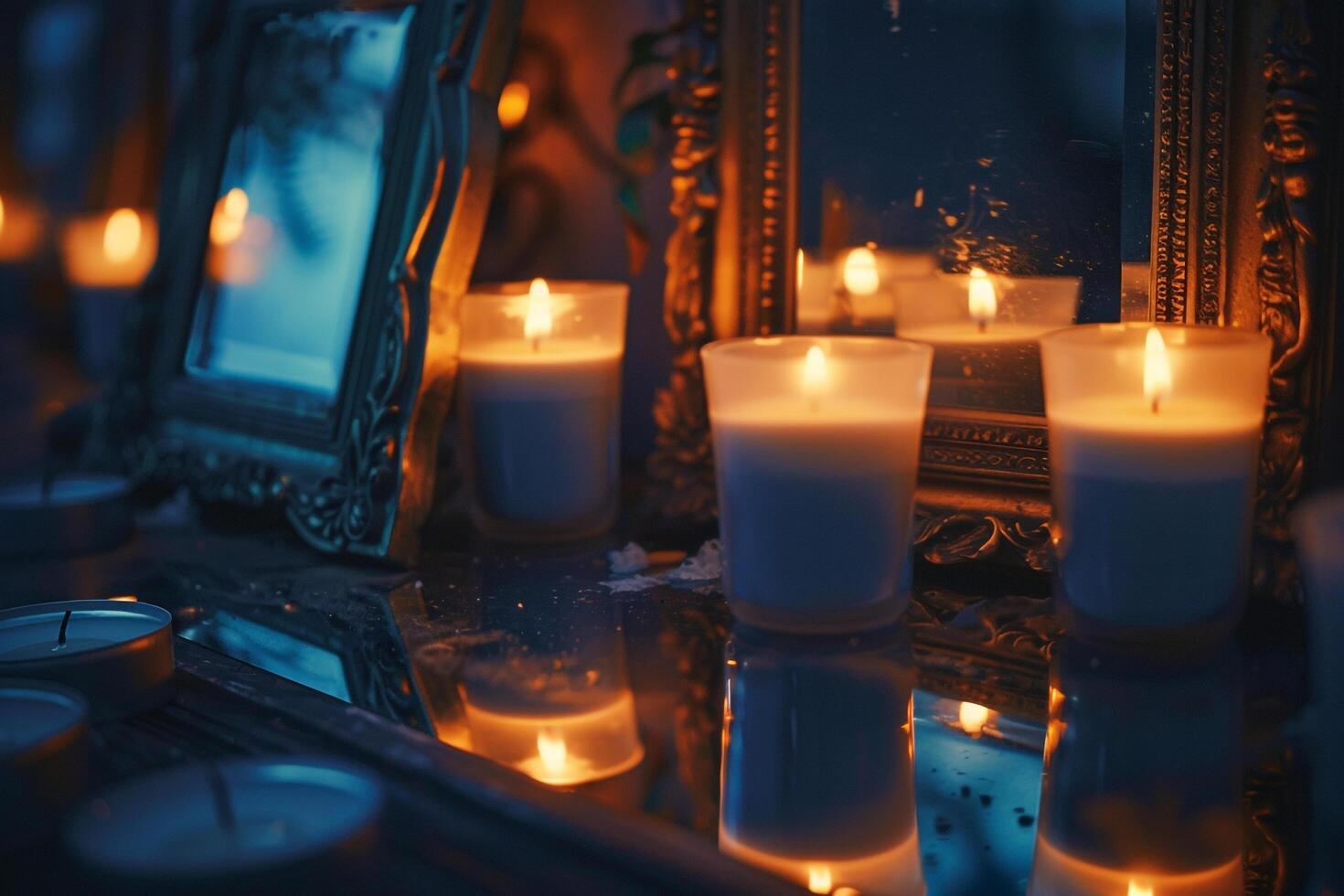 Glow of candles reflected in antique mirrors in quiet dimly lit room background nature photo