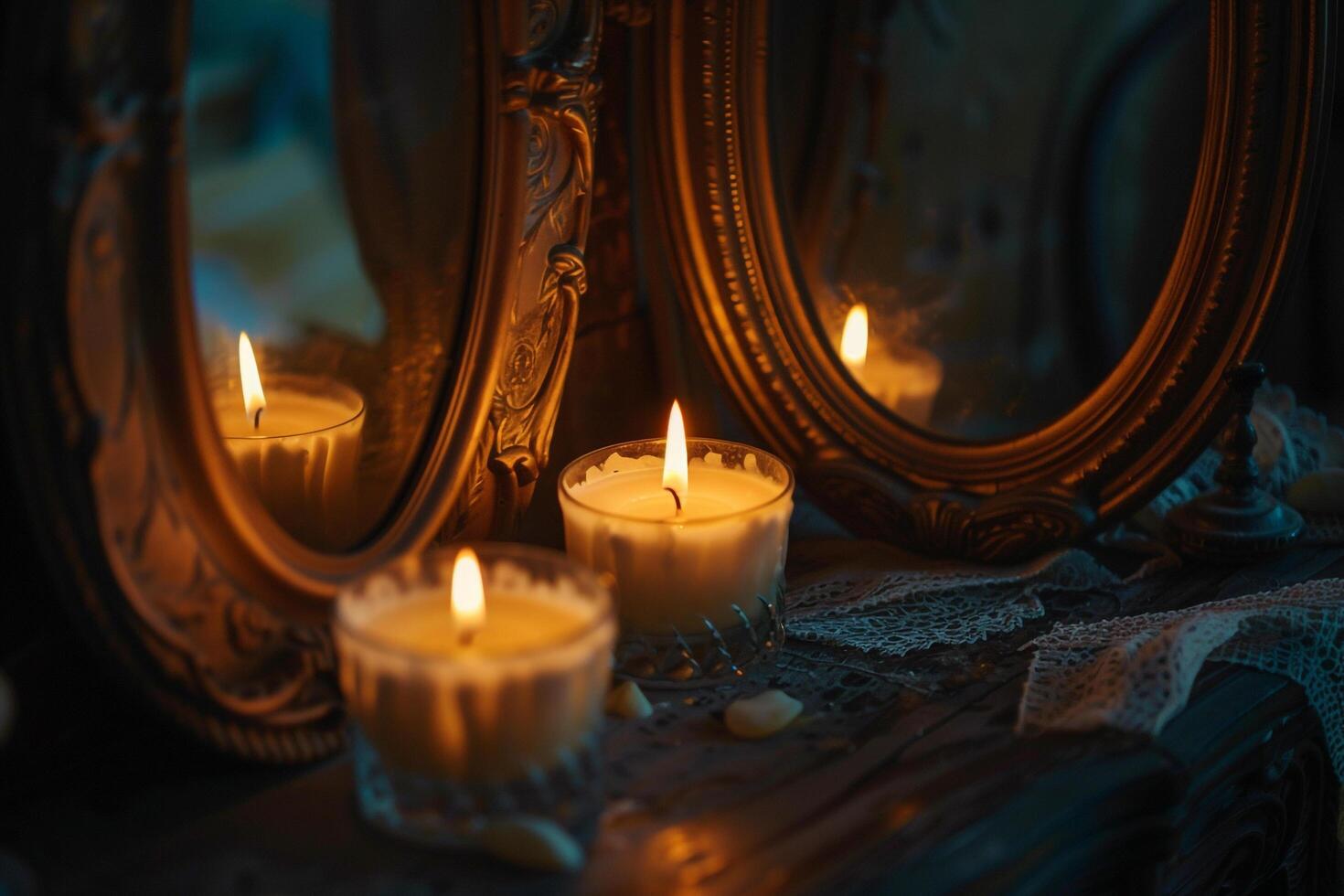 Glow of candles reflected in antique mirrors in quiet dimly lit room background nature photo