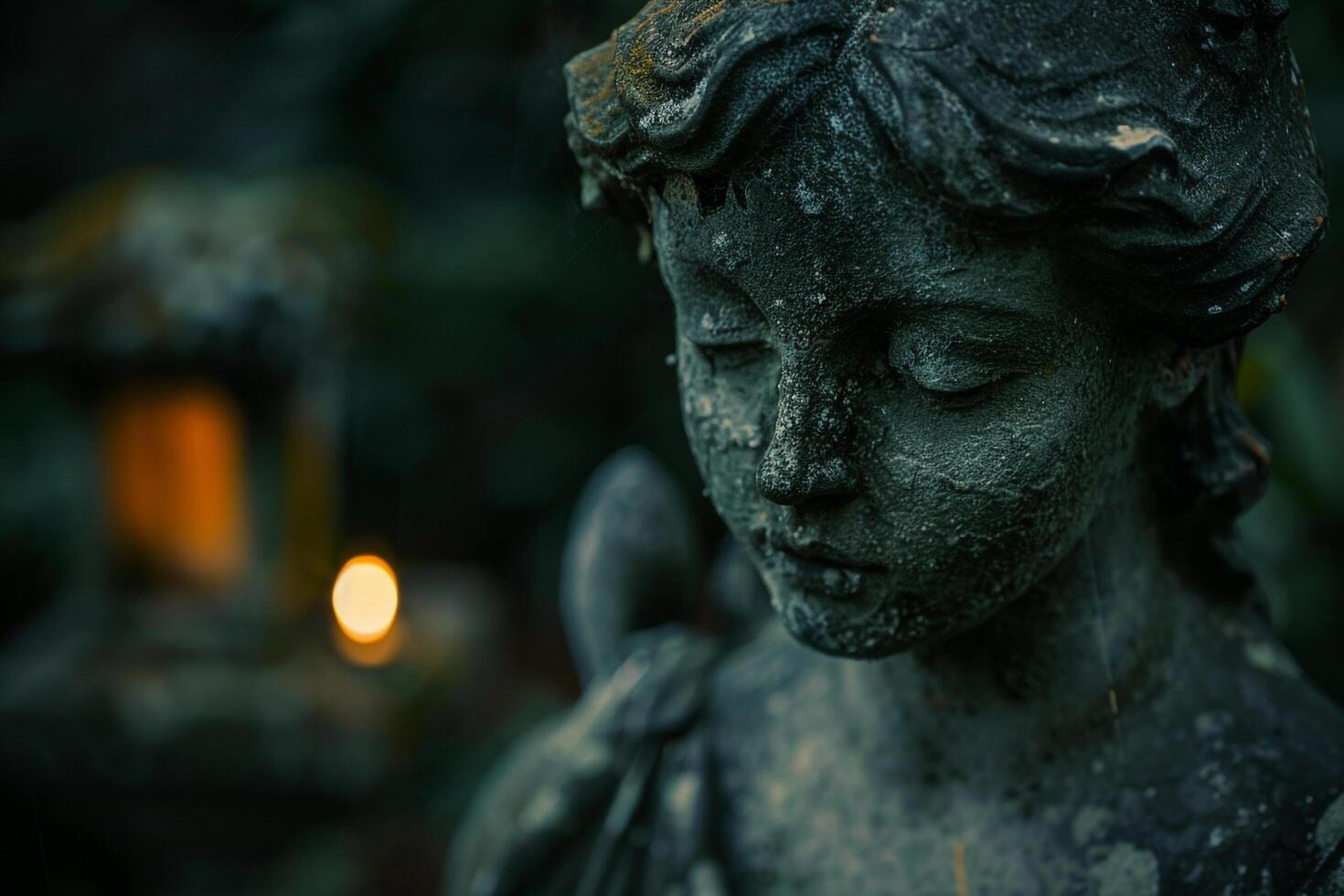 Flickering candlelight casting shadows on weathered stone statues in secluded garden background nature photo