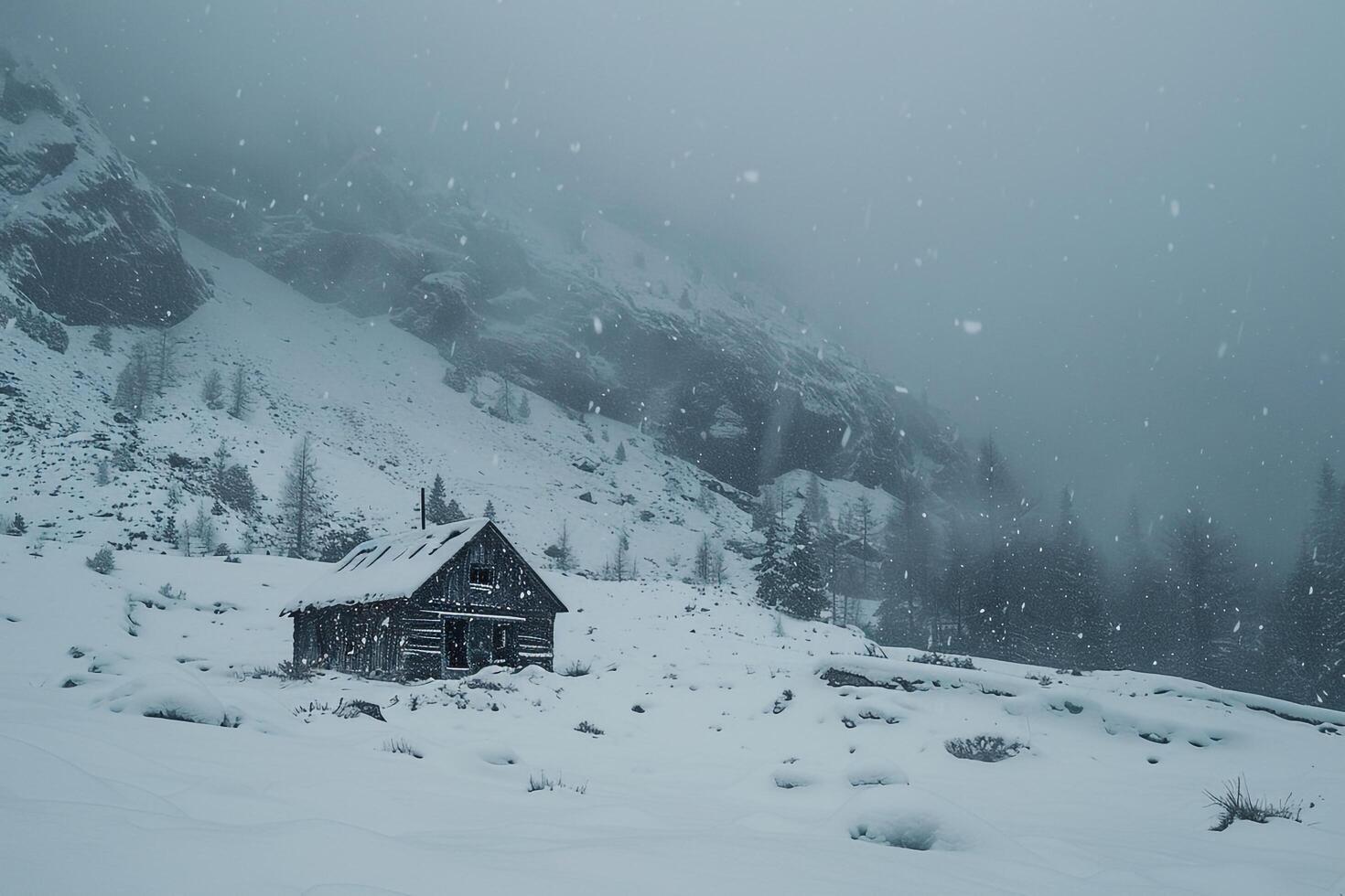 Snowflakes gently falling around an abandoned cabin in snowcovered valley background nature photo