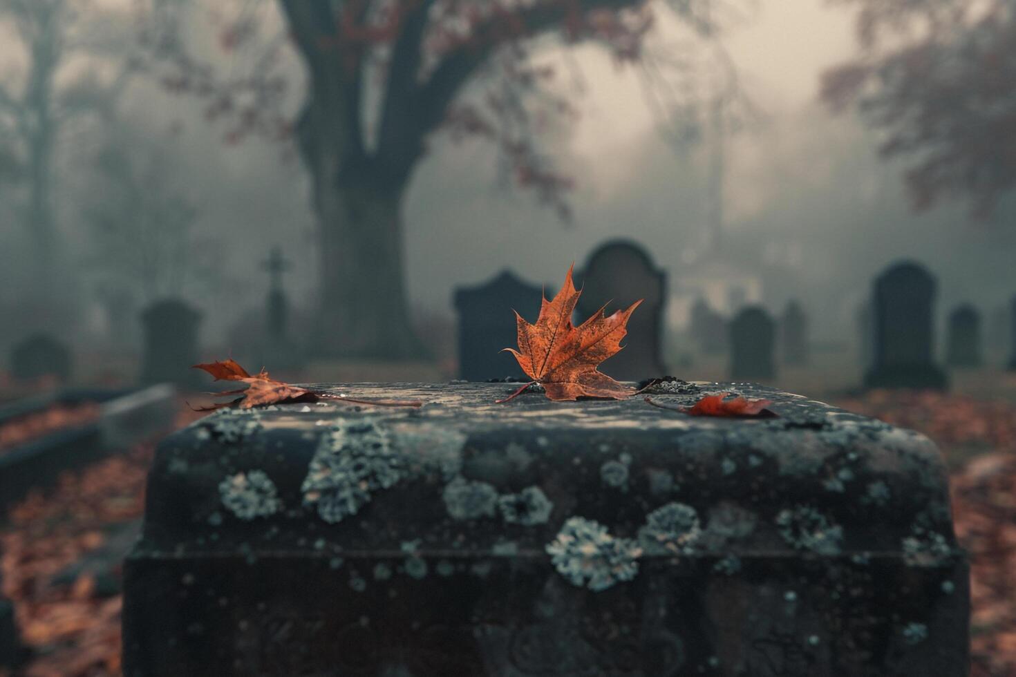 Solitary leaf resting on an old weathered gravestone in mistcovered cemetery at dawn photo