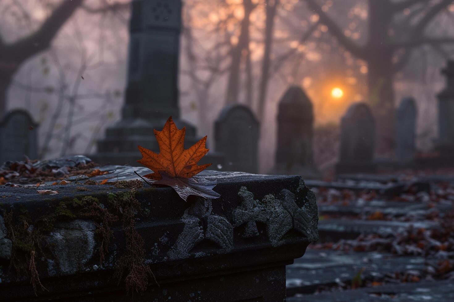 Solitary leaf resting on an old weathered gravestone in mistcovered cemetery at dawn photo