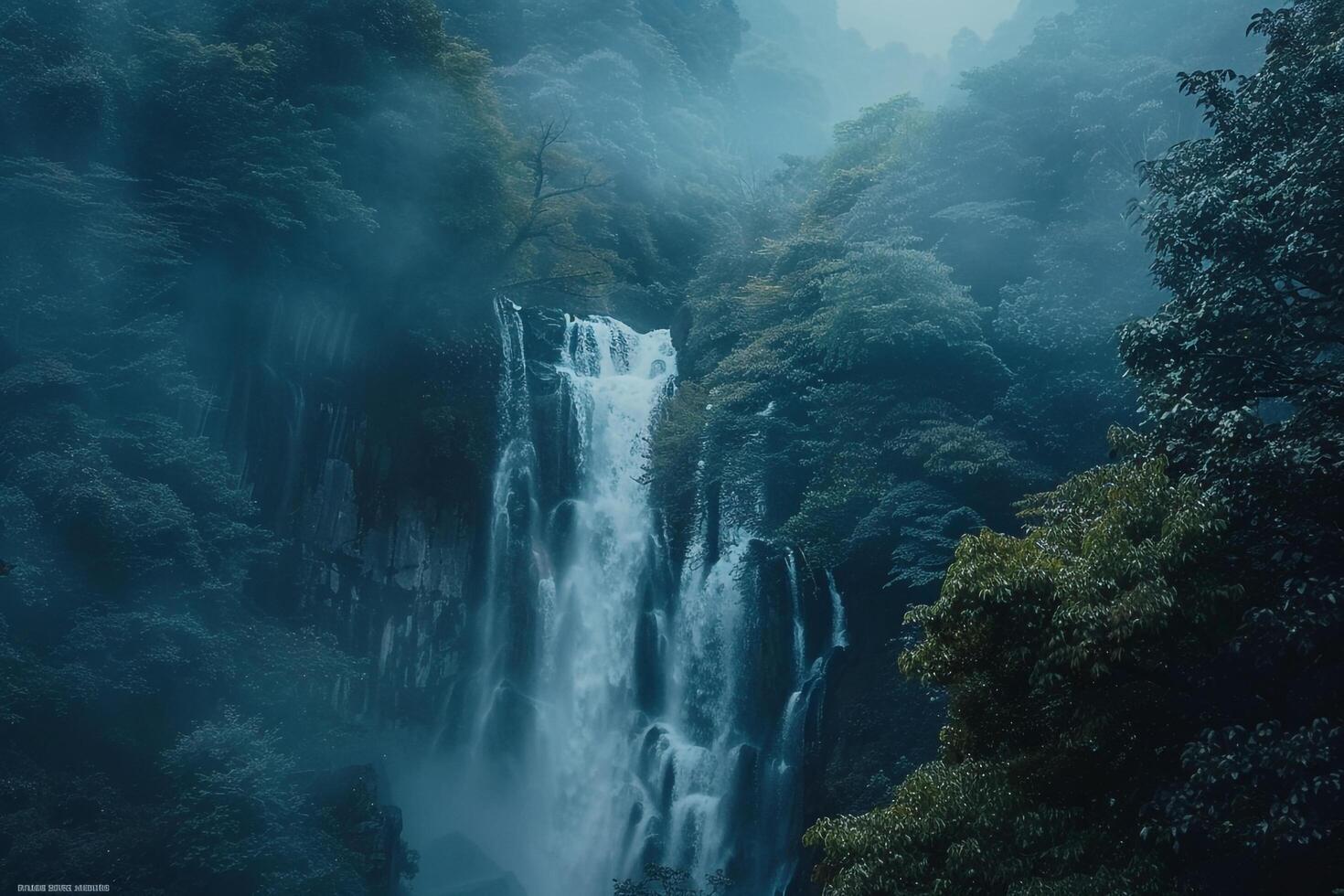 Brooding Waterfall with Mist Background in Dense Forest Nature Setting photo