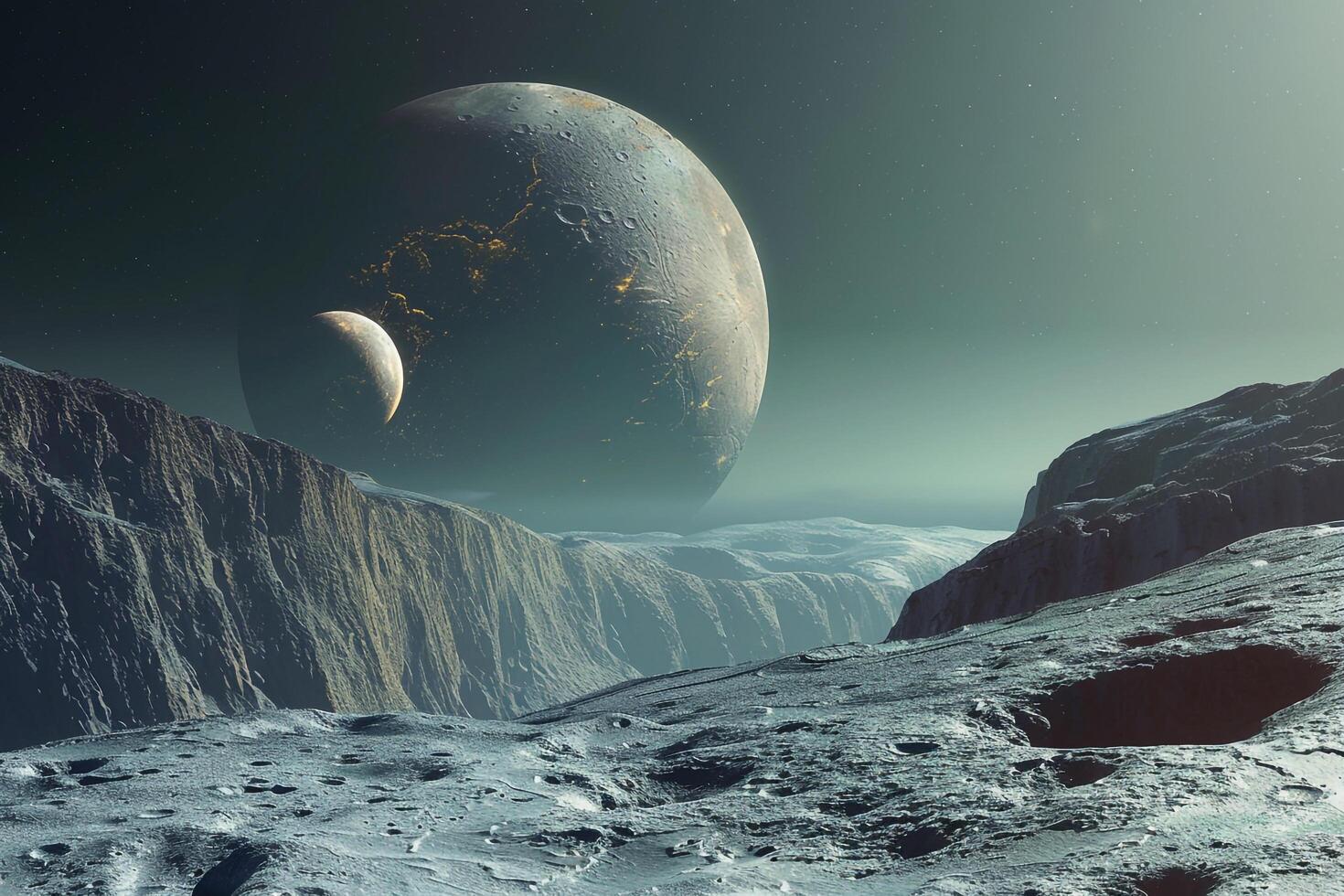 Pluto and Charon Icy Surfaces and Rugged Terrain in Kuiper Belt Background and Nature photo