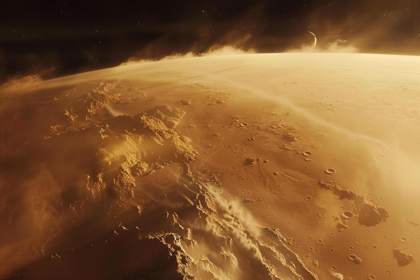 Mars with Dust Storm Sweeping Across Rusty Landscape Olympus Mons Obscured Background and Nature photo
