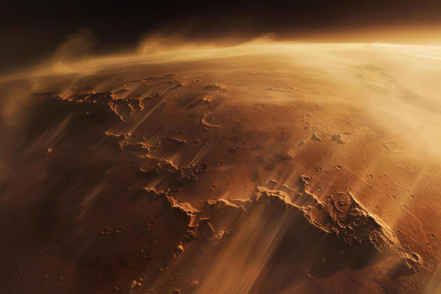 Mars with Dust Storm Sweeping Across Rusty Landscape Olympus Mons Obscured Background and Nature photo