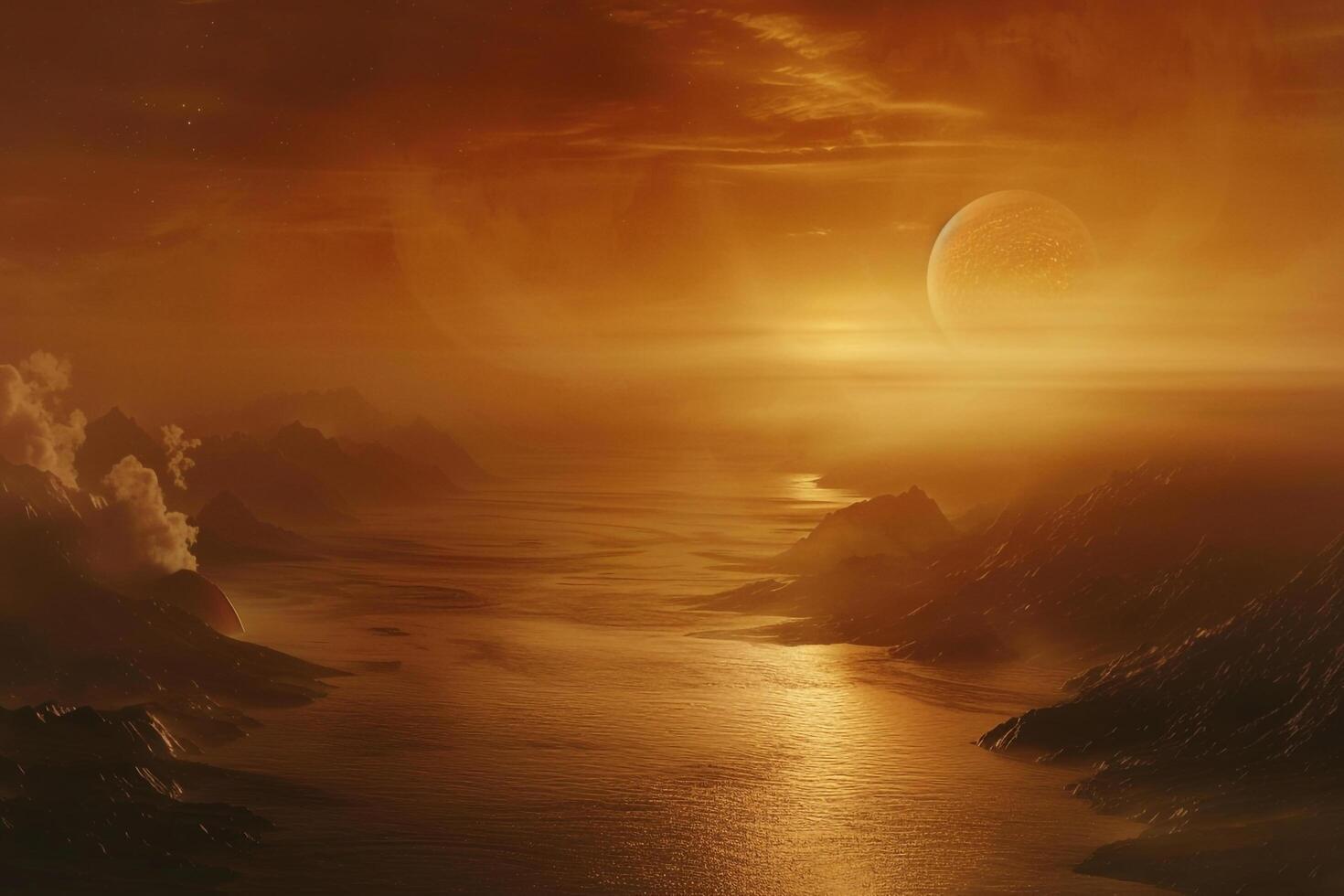 Titan Saturns Largest Moon Hazy Orange Atmosphere and Hydrocarbon Lakes Background and Nature photo
