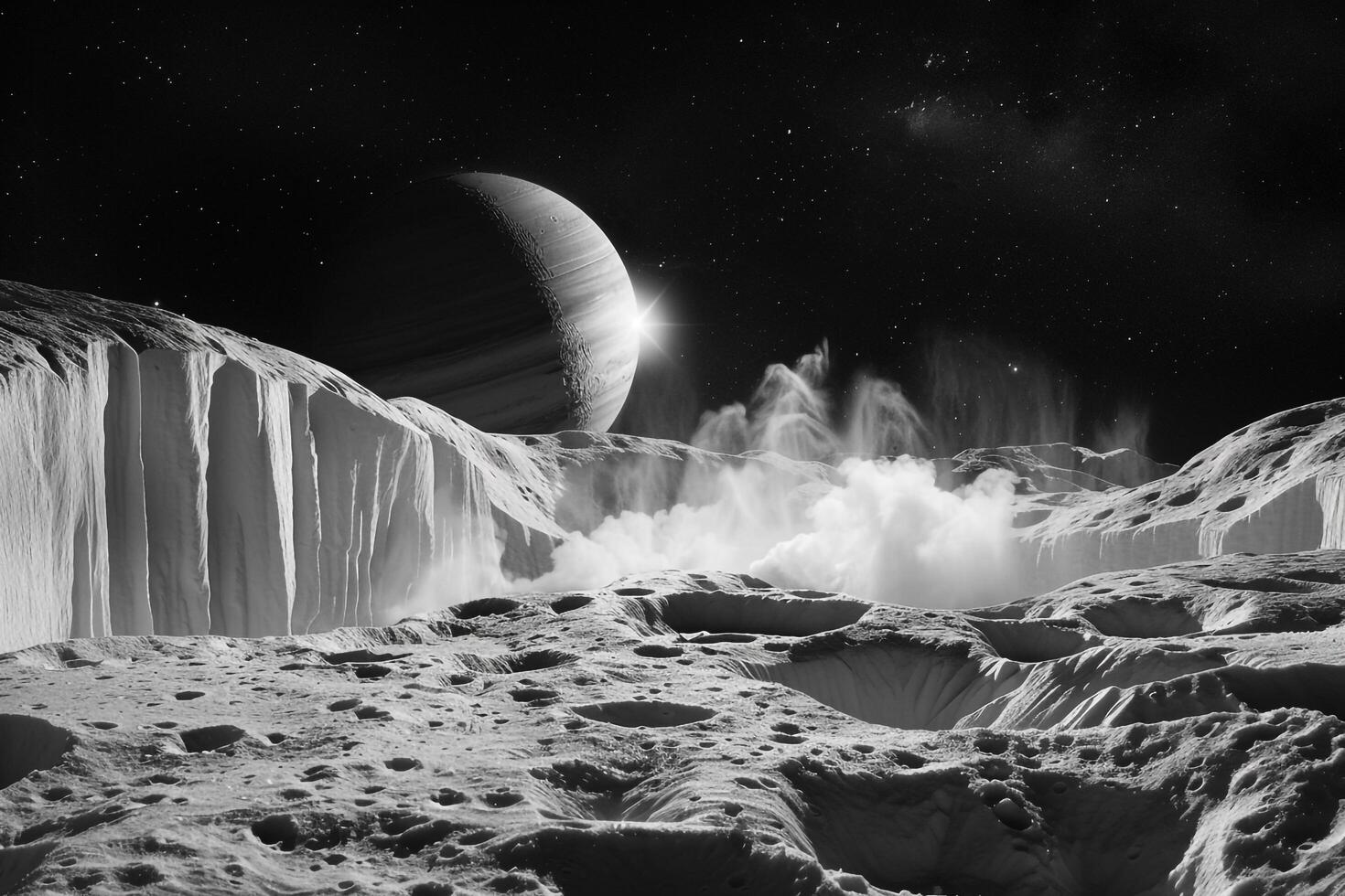 Enceladus Moon of Saturn with Its Icy Surface and Geysers of Water Vapor Erupting from Its South Pole Background and Nature photo