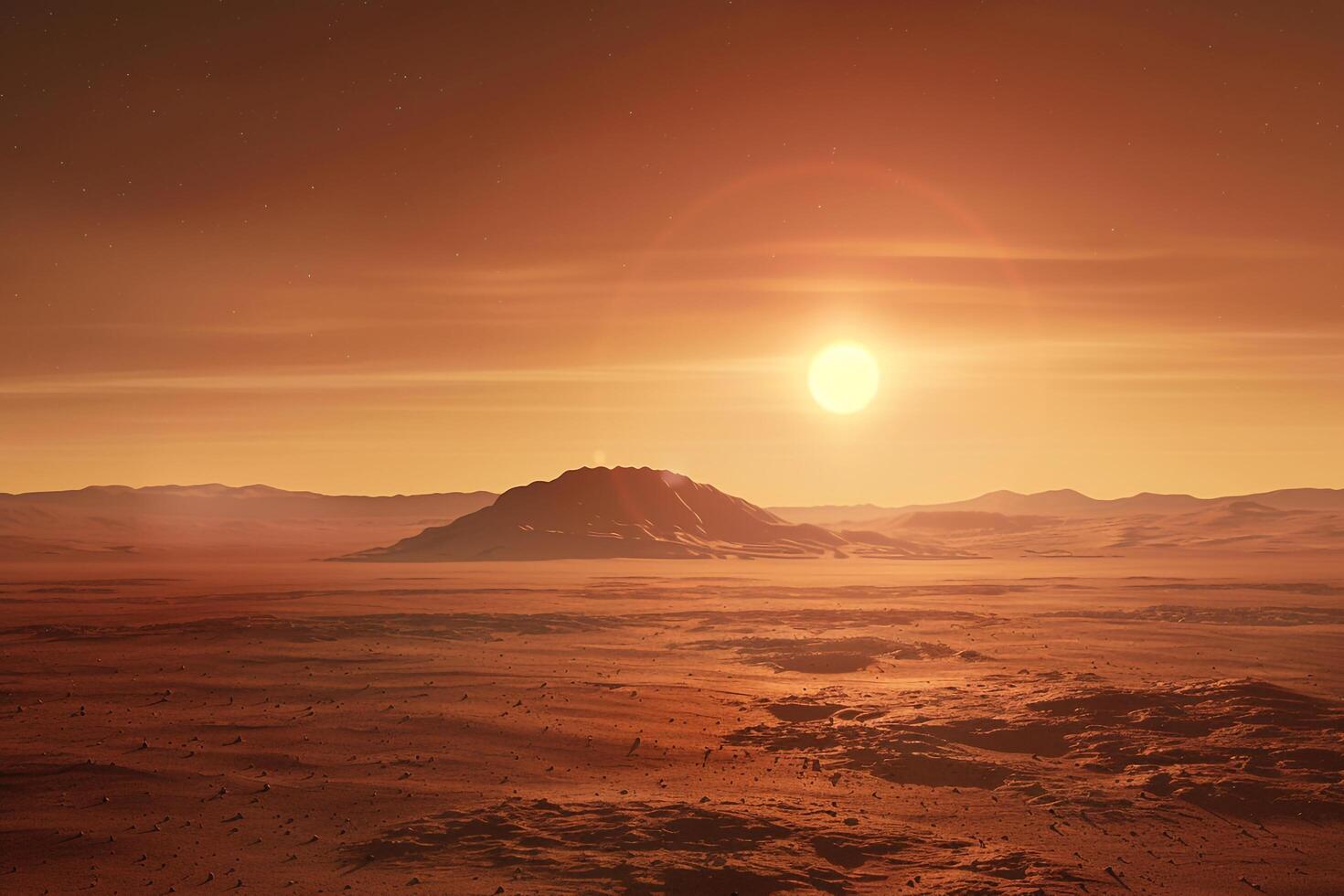 Mars at Sunrise Over Its Dusty Plains Revealing Olympus Mons in the Distance Background and Nature photo