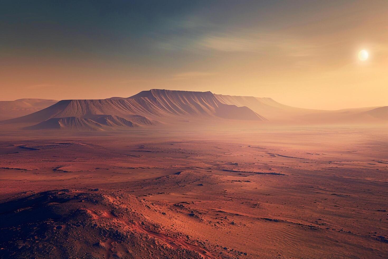 Mars at Sunrise Over Its Dusty Plains Revealing Olympus Mons in the Distance Background and Nature photo