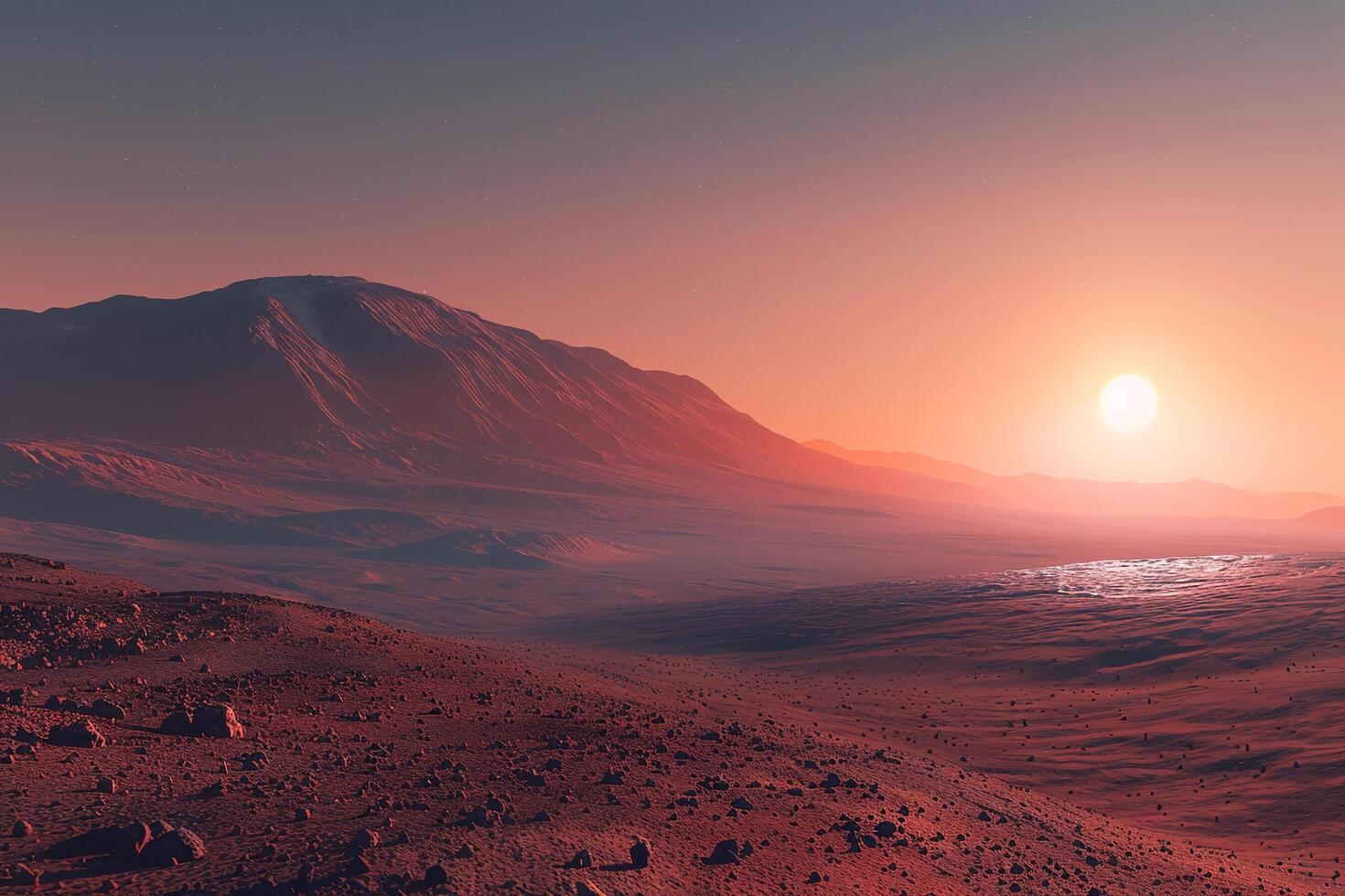 Mars at Sunrise Over Its Dusty Plains Revealing Olympus Mons in the Distance Background and Nature photo