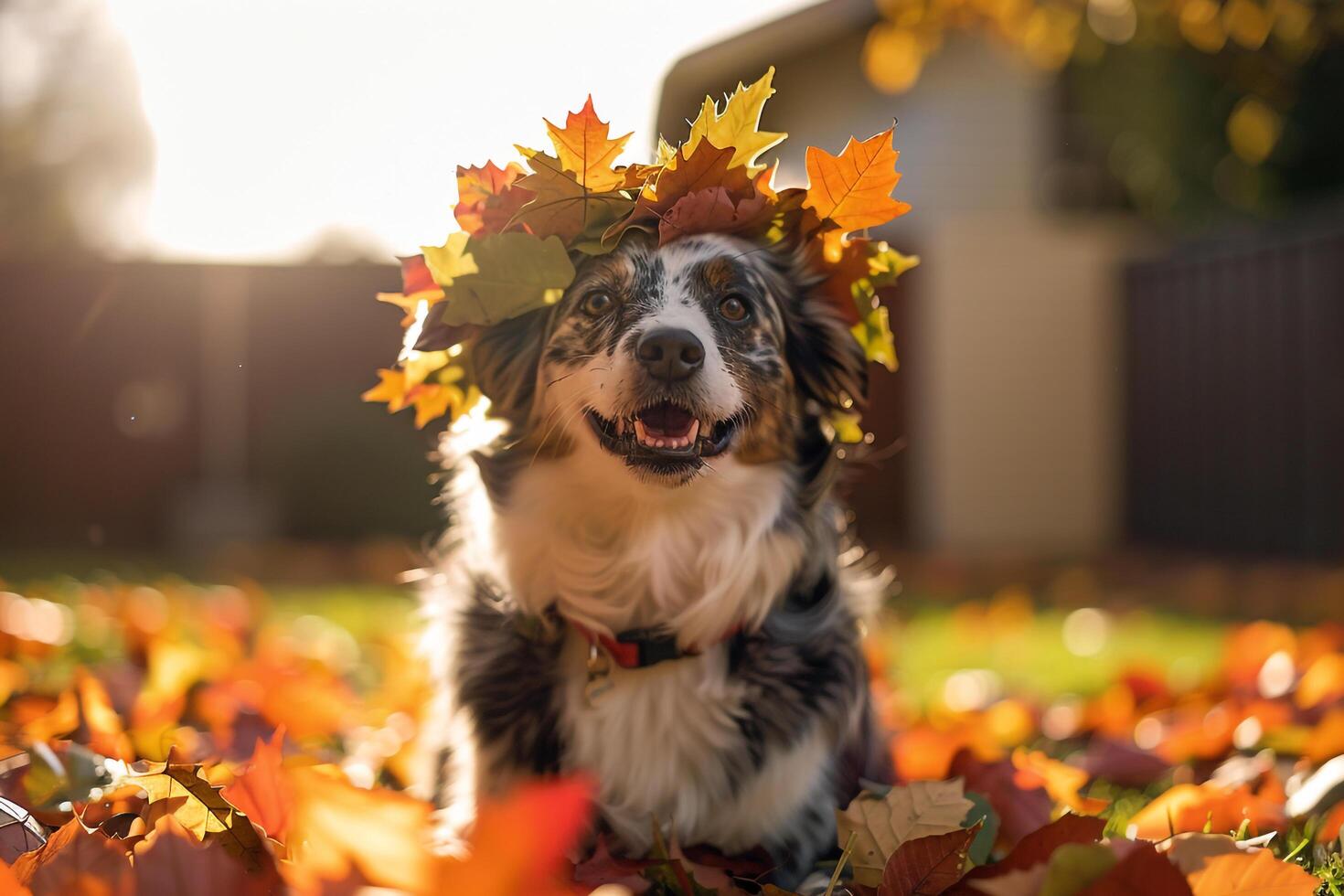Whimsical Crown of Autumn Leaves on Dogs Head in Sunlit Backyard photo