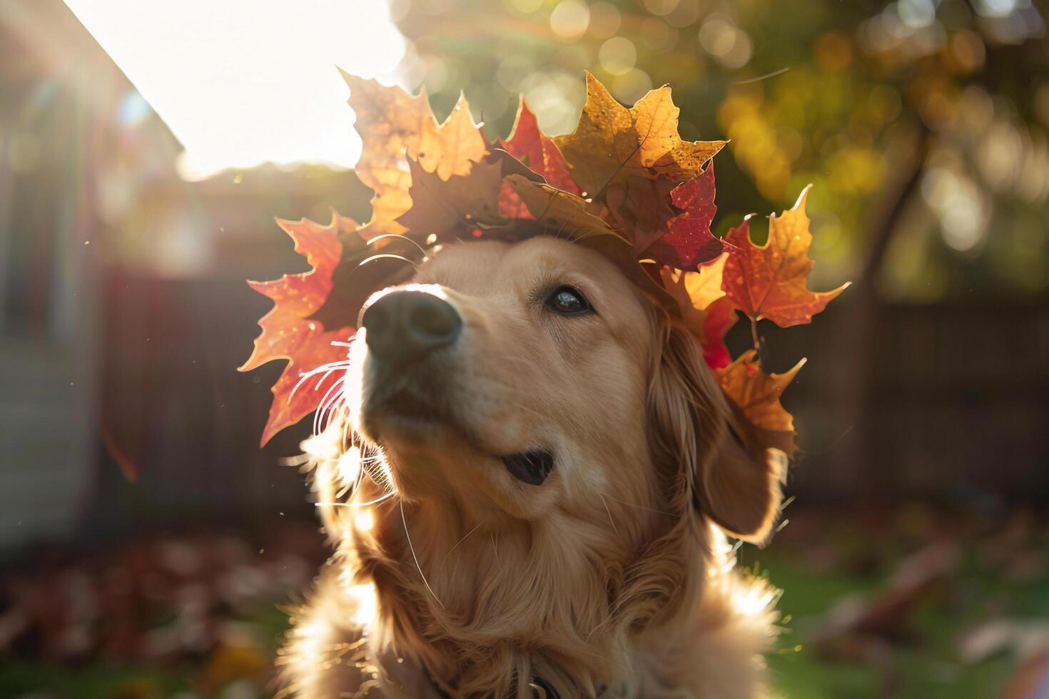 Dog with Whimsical Autumn Leaves Crown in Sunlit Backyard photo