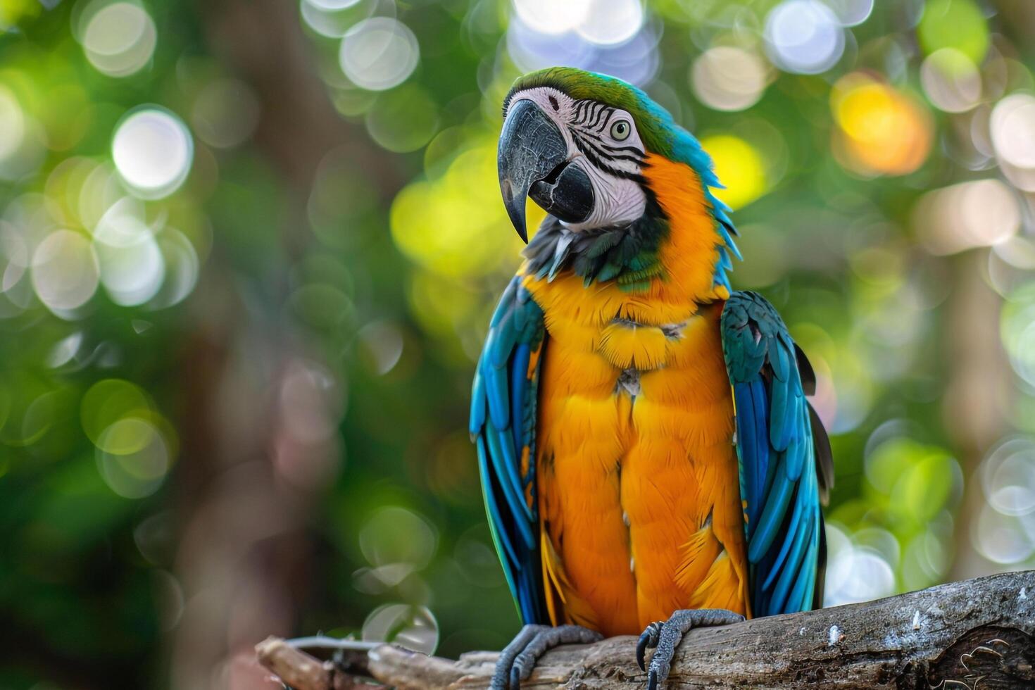 Colorful Parrot Perched on Branch with Ruffled Feathers and Intelligent Gaze in Tropical Aviary Background Nature photo