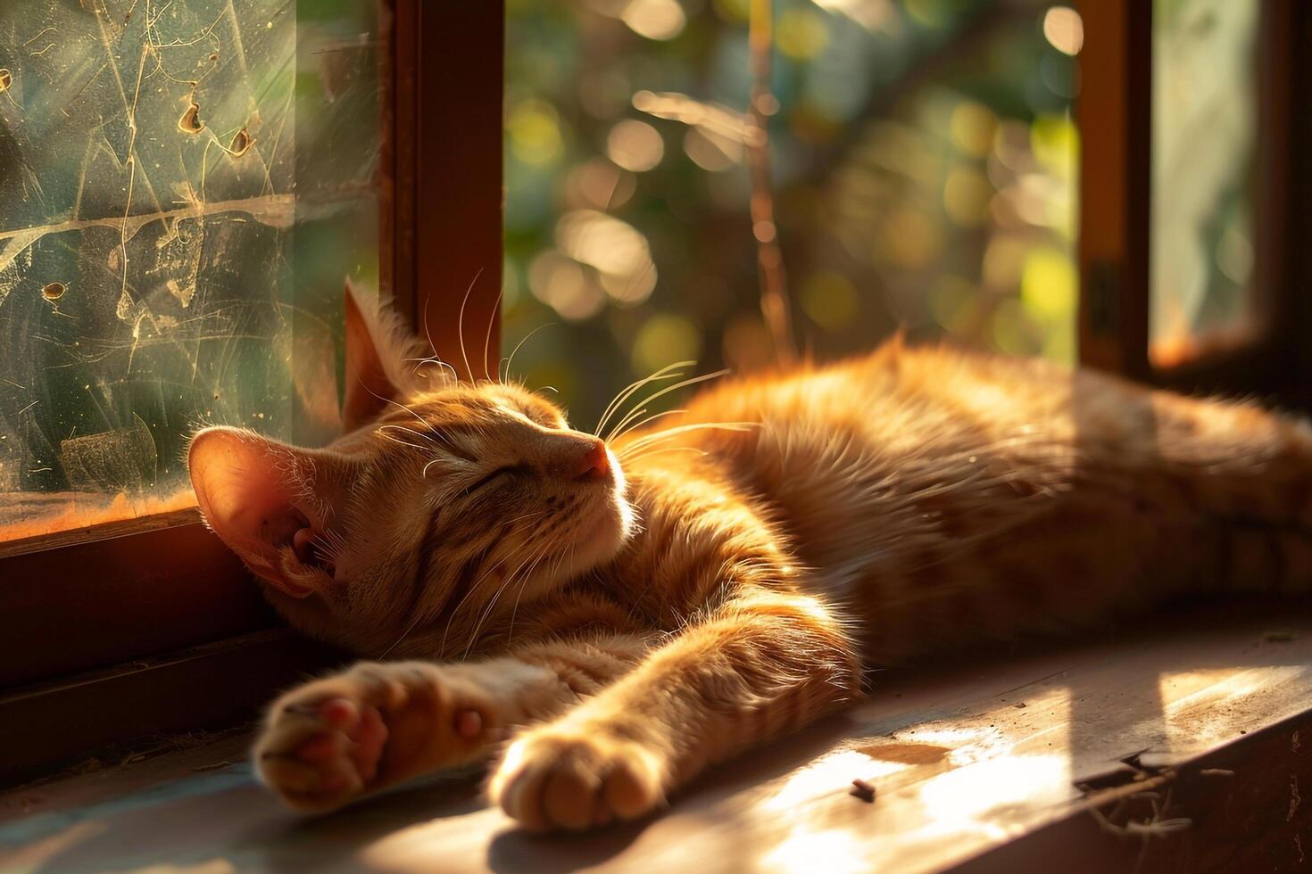Cat Enjoying Warm Sunlight Through Window Stretching Lazily Background Nature photo