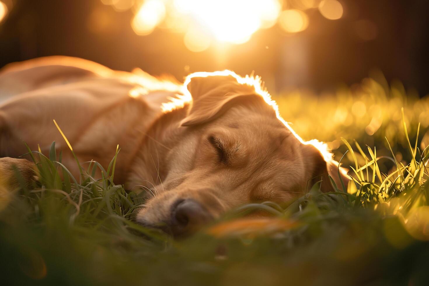 Dog Basking in Warm Sunlight on Grassy Knoll Background Nature photo