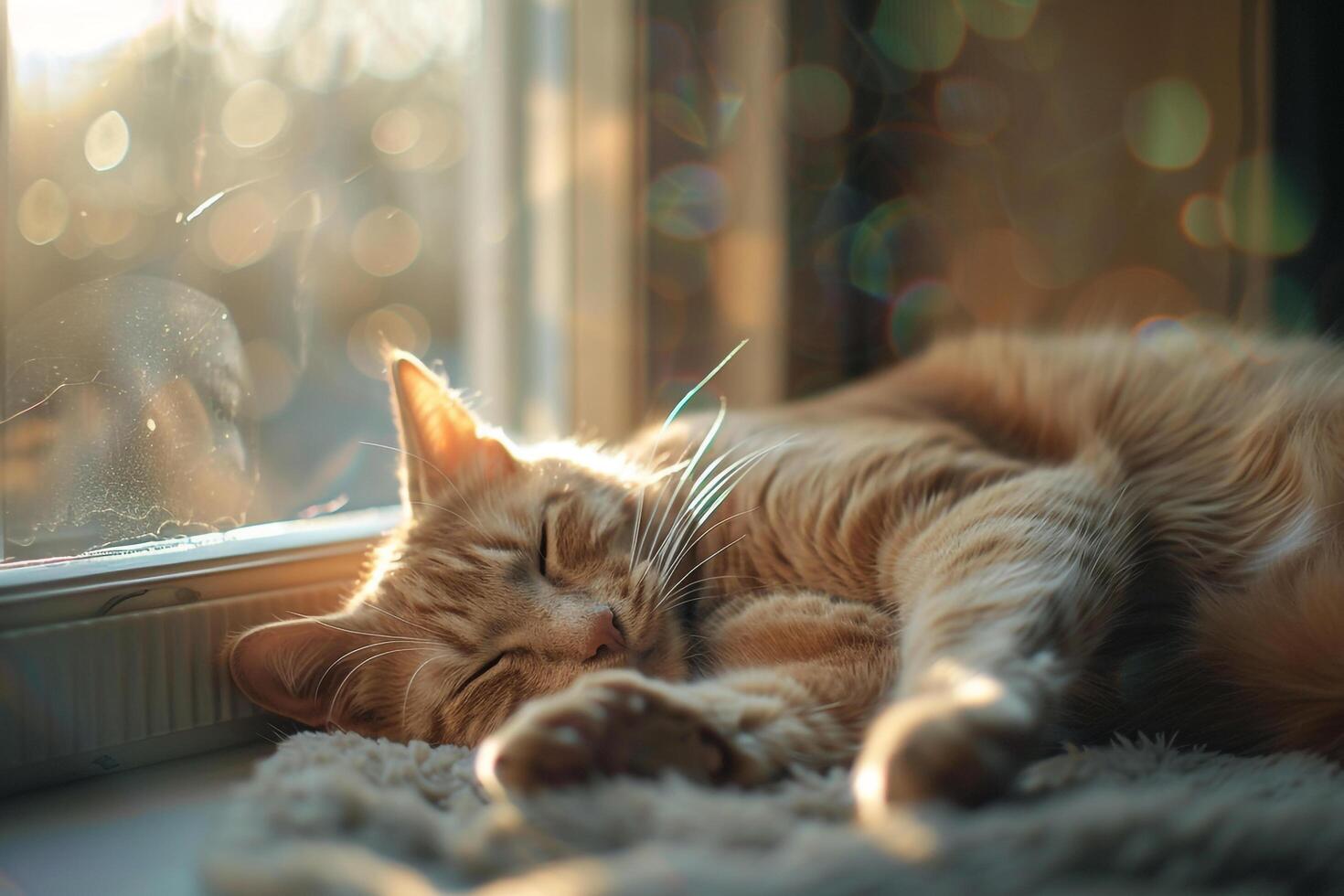 Cat Relaxing in Sunlit Room with Warm Sunlight Through Window Background Nature photo