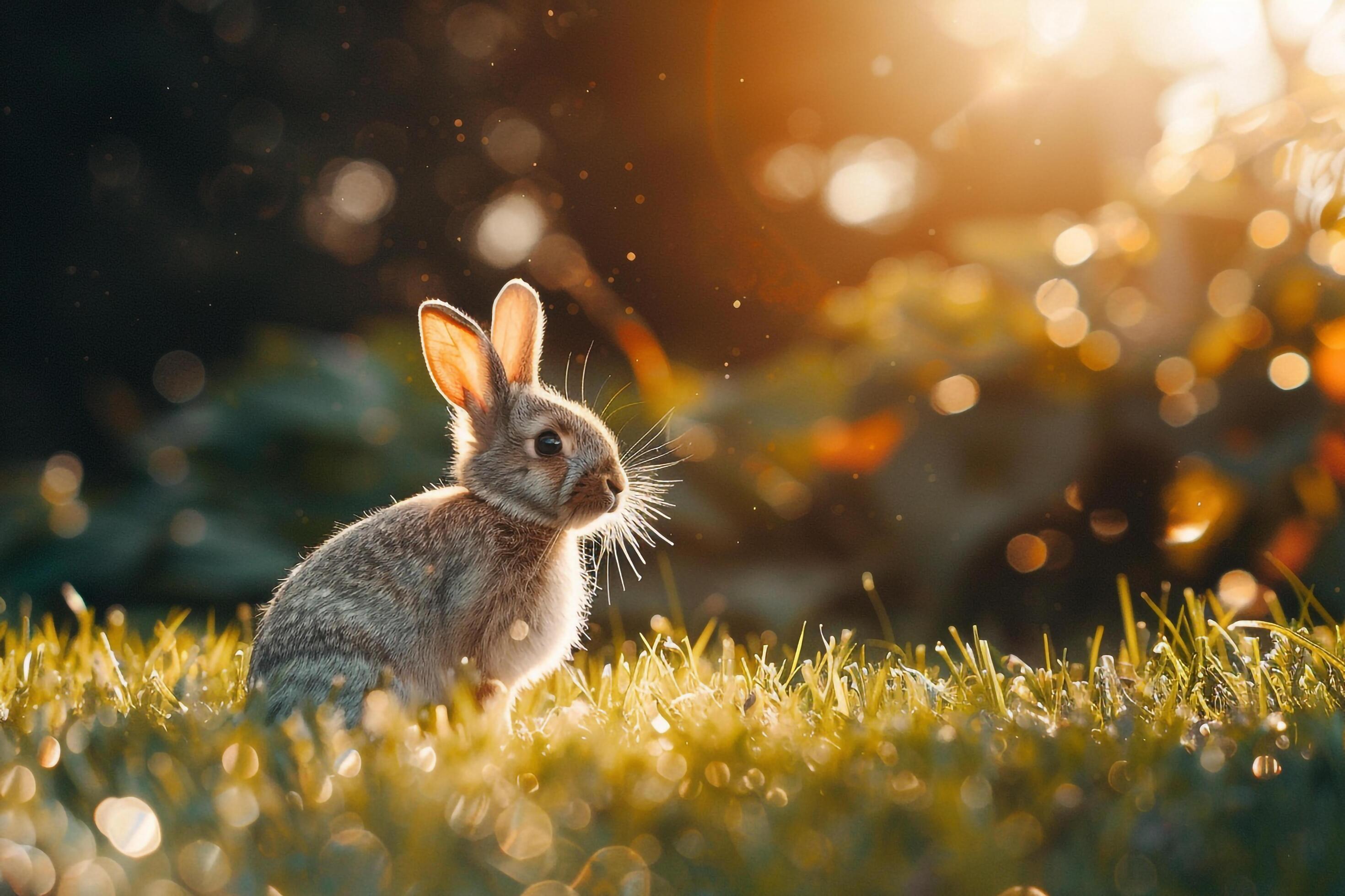 Rabbit Sitting in Patch of Sunlight on Grassy Lawn nature background Rabbit Sitting in Patch of Sunlight on Grassy Lawn nature background