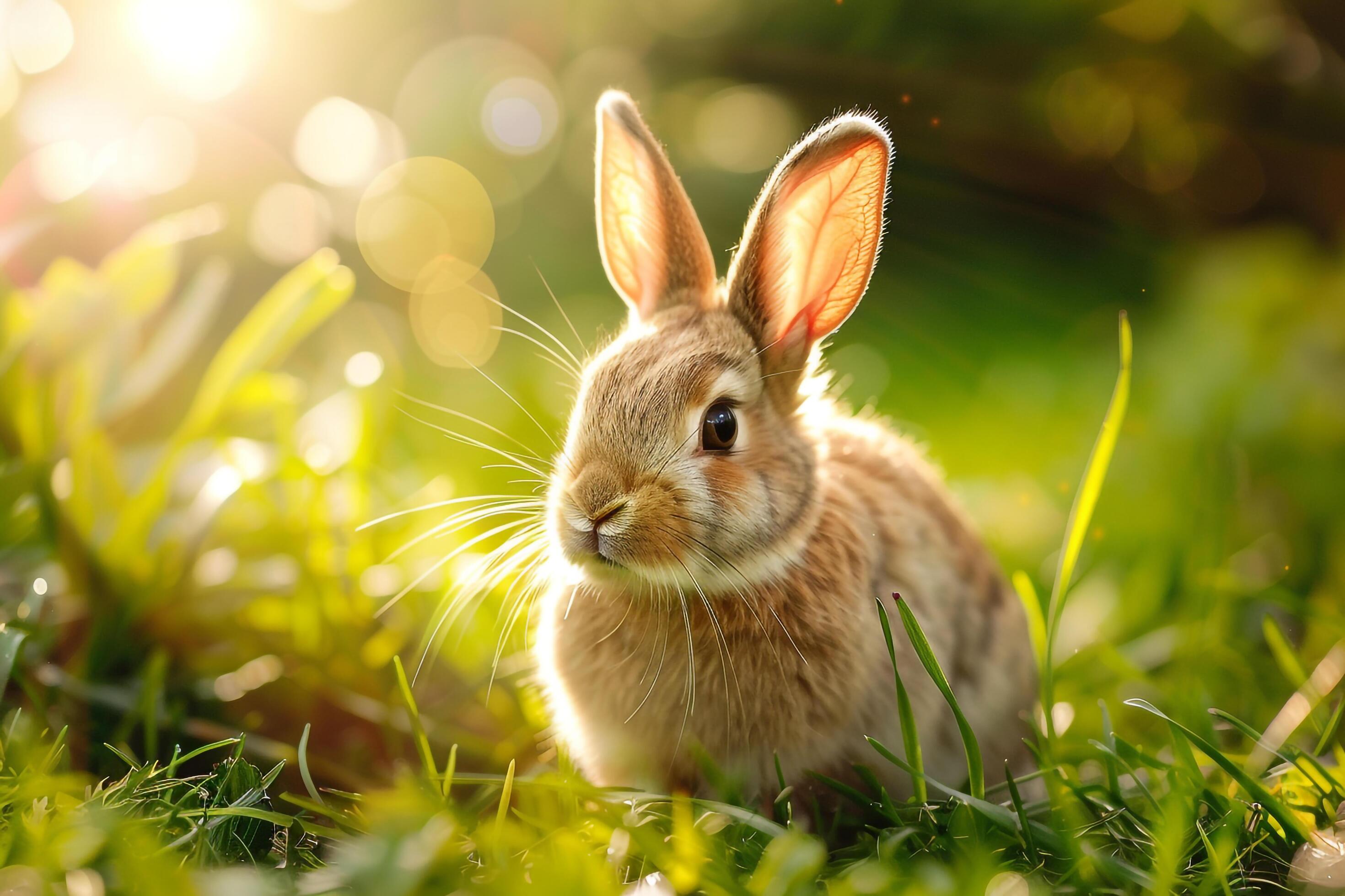 Rabbit Sitting in Patch of Sunlight on Grassy Lawn nature background Rabbit Sitting in Patch of Sunlight on Grassy Lawn nature background