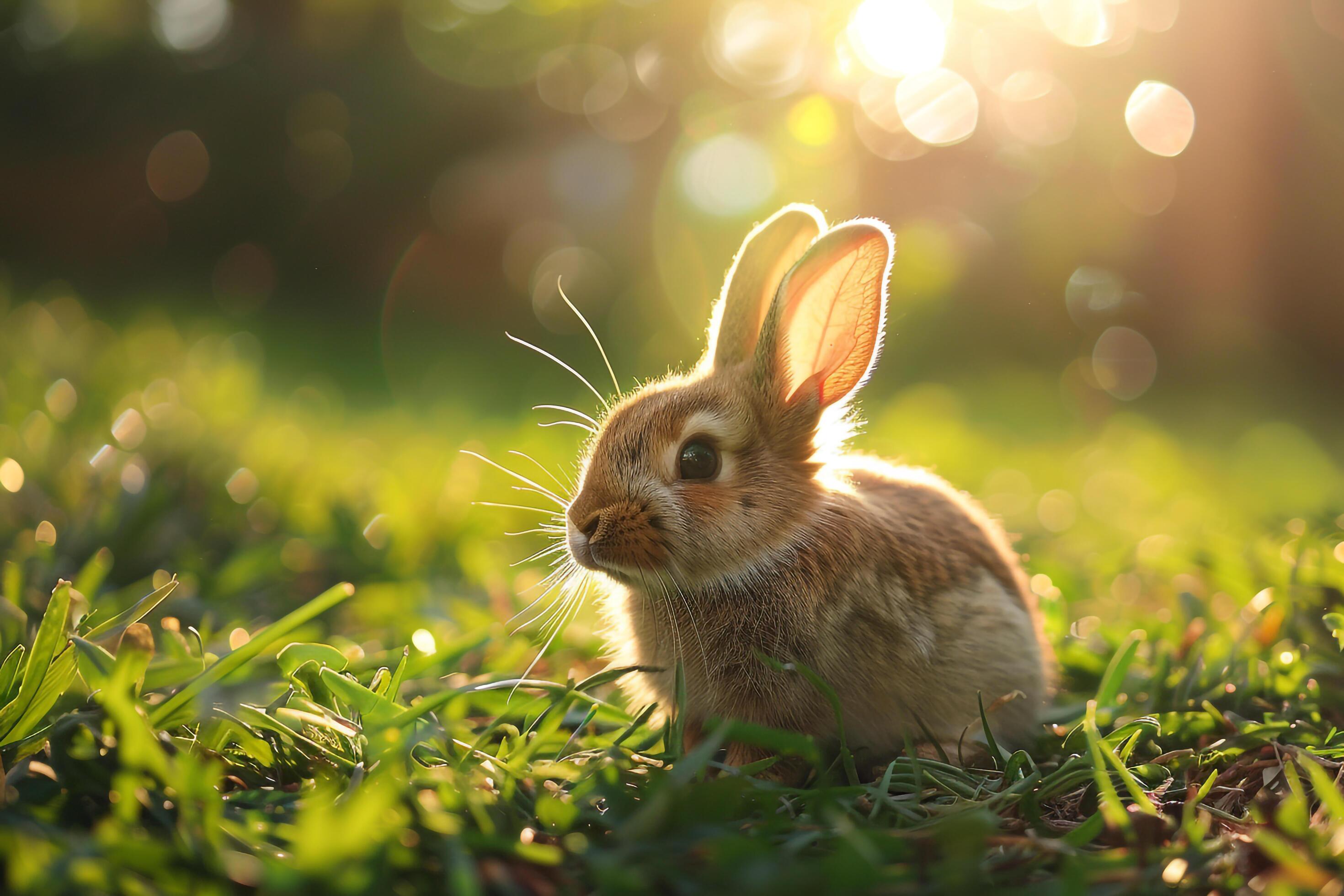 Rabbit Sitting in Patch of Sunlight on Grassy Lawn nature background Rabbit Sitting in Patch of Sunlight on Grassy Lawn nature background
