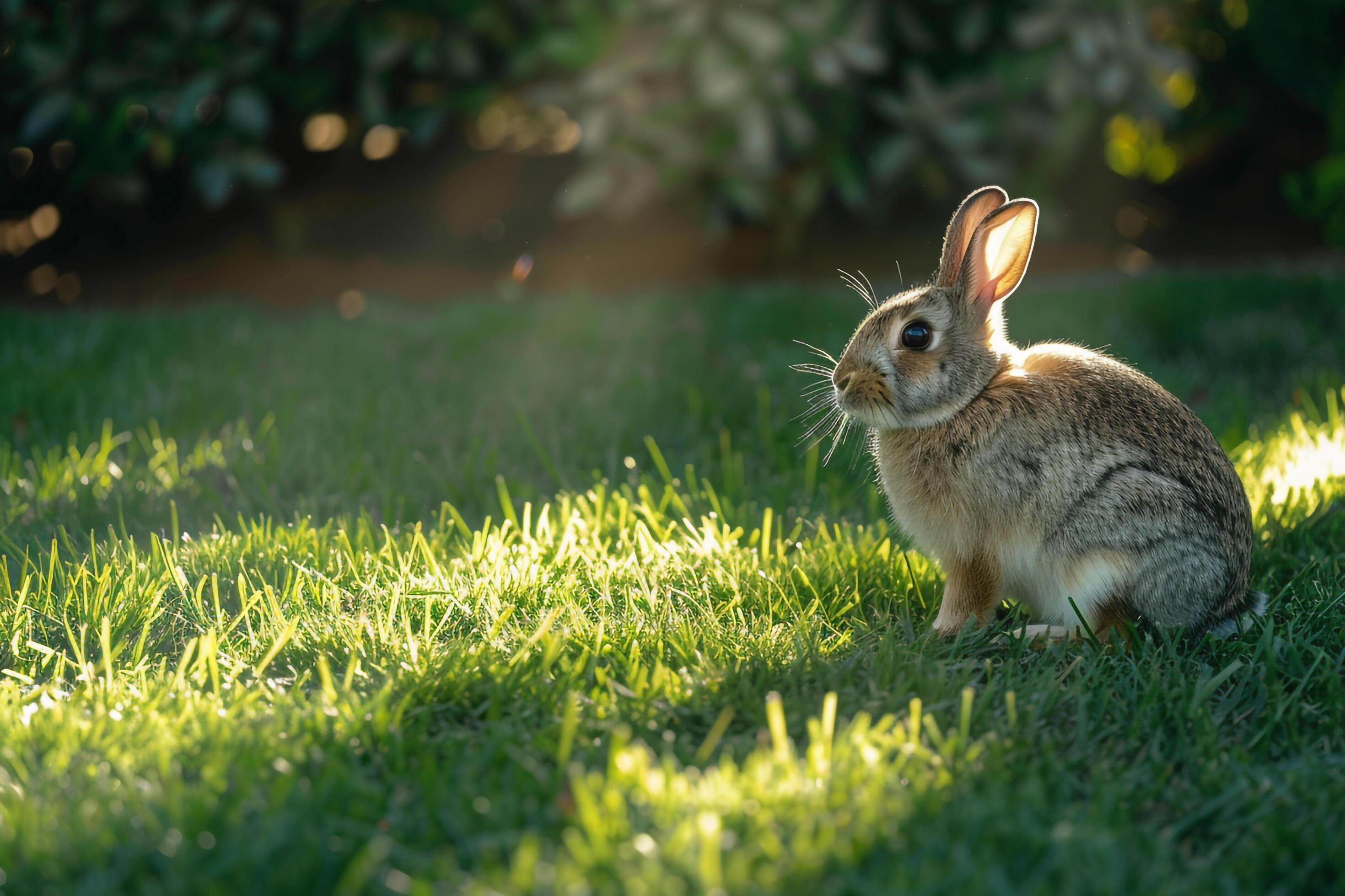 Rabbit Sitting in Patch of Sunlight on Grassy Lawn nature background Rabbit Sitting in Patch of Sunlight on Grassy Lawn nature background
