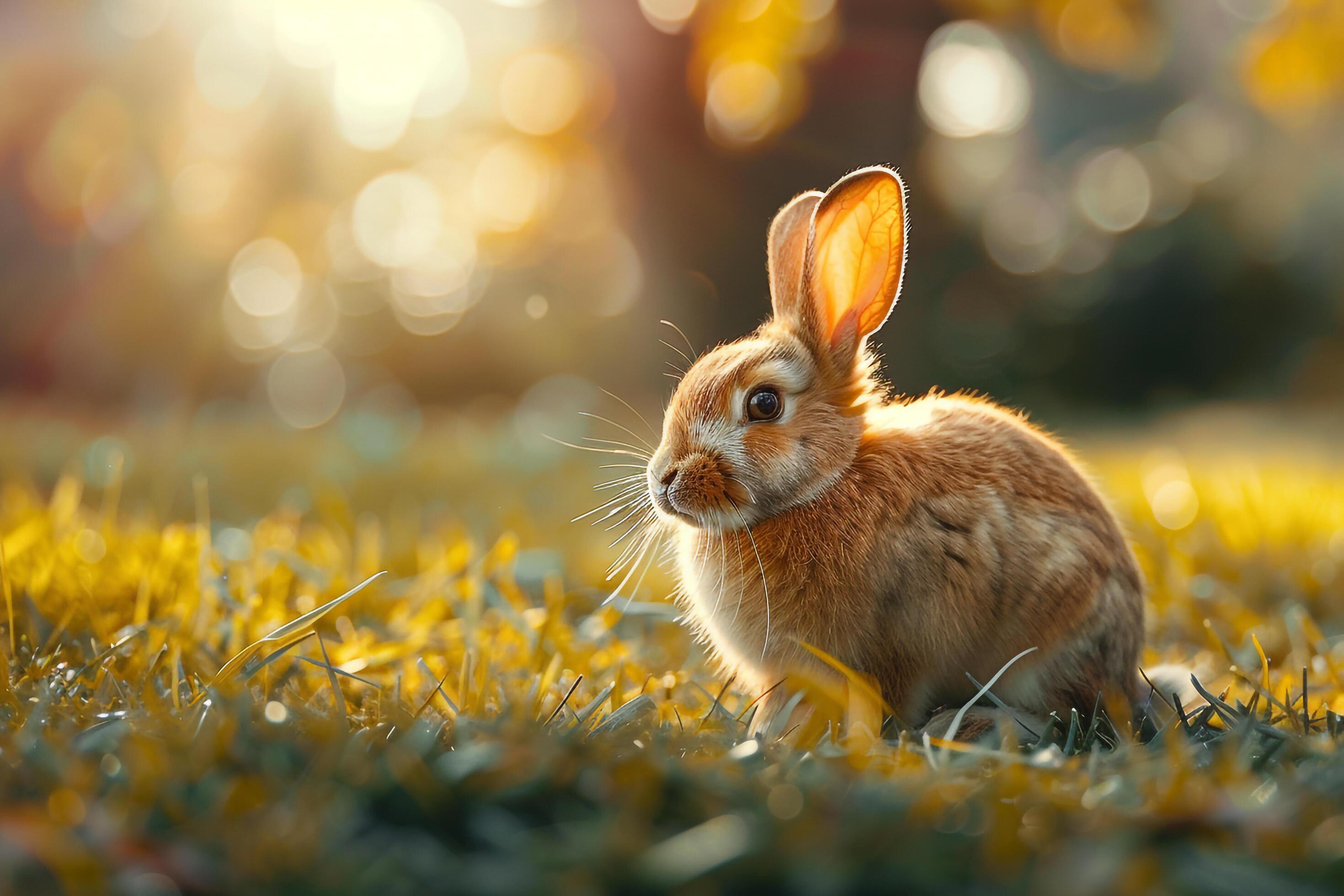 Rabbit Sitting in Patch of Sunlight on Grassy Lawn nature background Rabbit Sitting in Patch of Sunlight on Grassy Lawn nature background