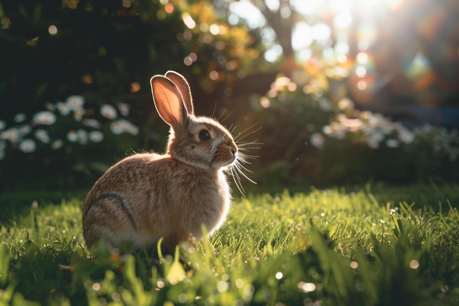 Rabbit Sitting in Patch of Sunlight on Grassy Lawn nature background photo