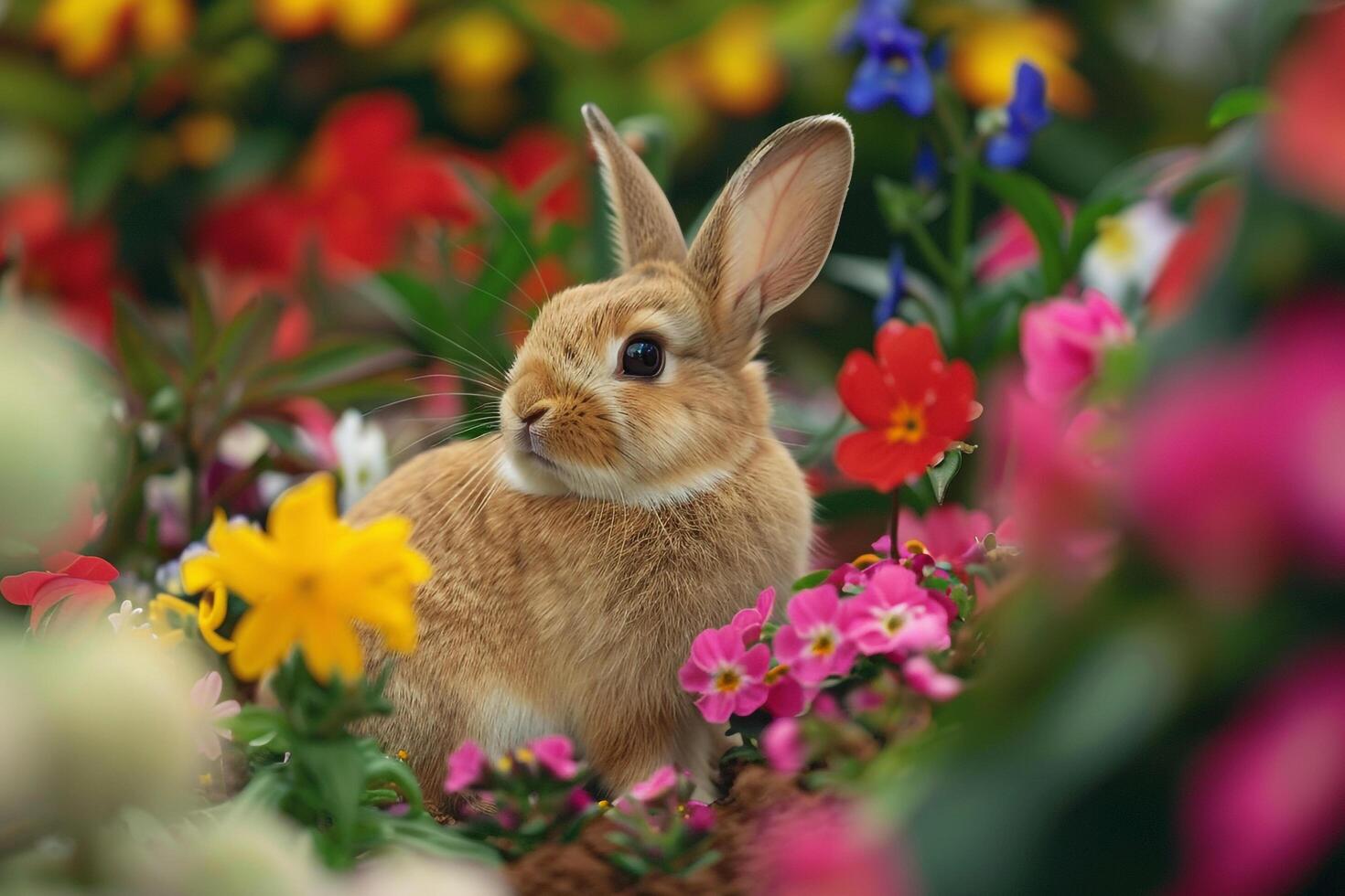 Gentle Dwarf Rabbit Sitting Amidst Bed of Colorful Flowers in Backyard Garden Ears Alert nature background photo