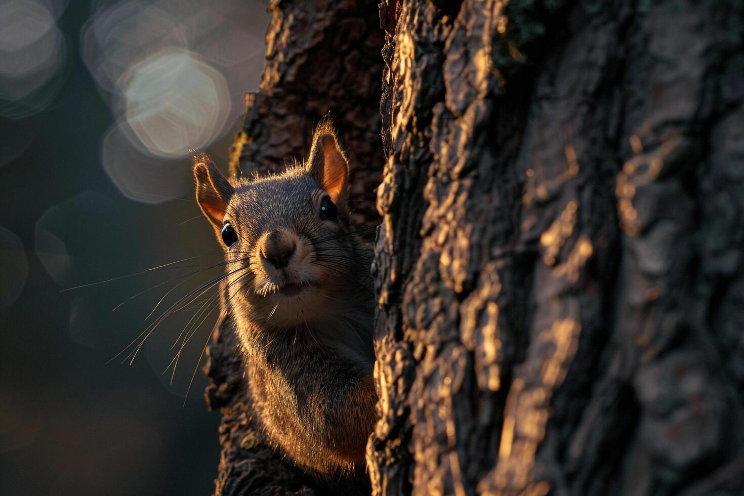 Squirrel Peeking Out from Behind Tree Trunk Sunlight Illuminating Its Fur nature background photo
