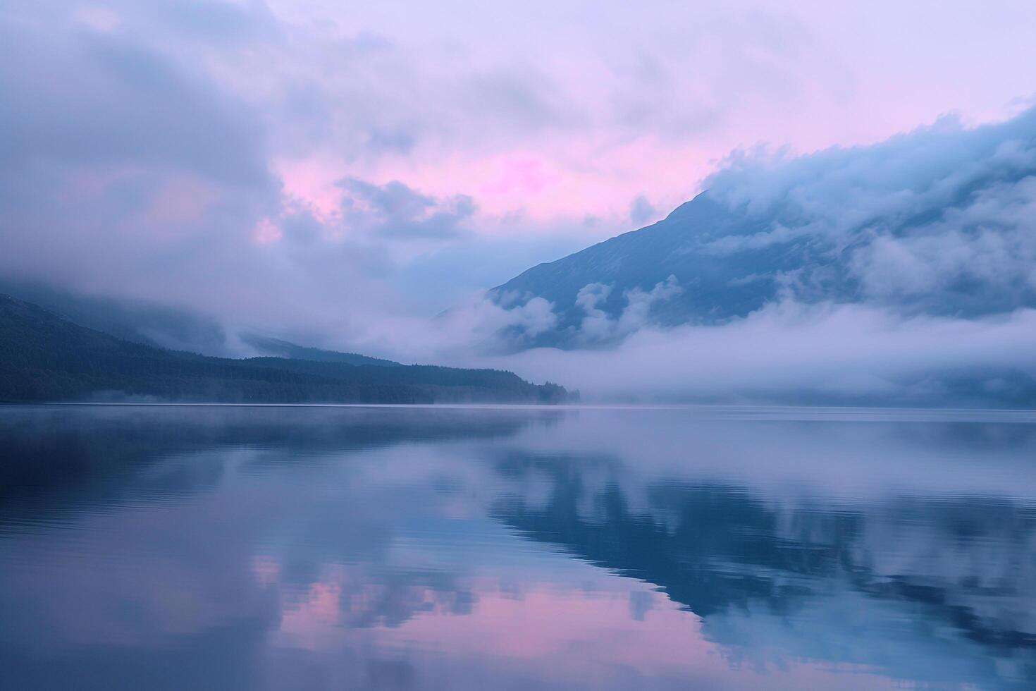 Clouds Tinged with Pink Reflected in Serene Mountain Lake at Twilight nature background photo
