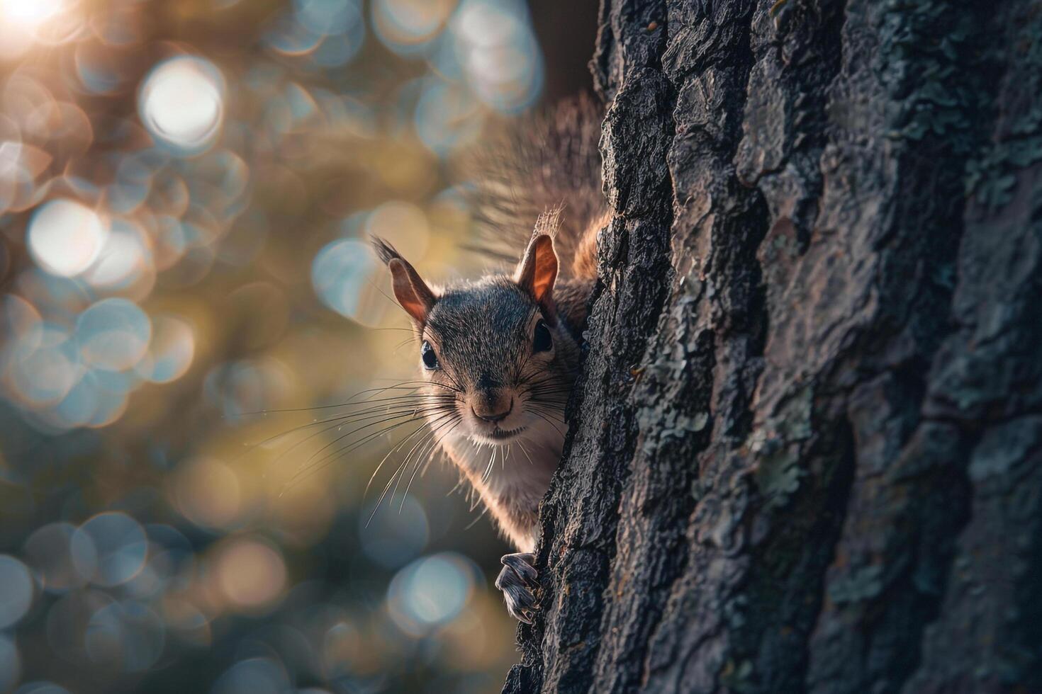 Squirrel Peeking Out from Behind Tree Trunk Sunlight Illuminating Its Fur nature background photo