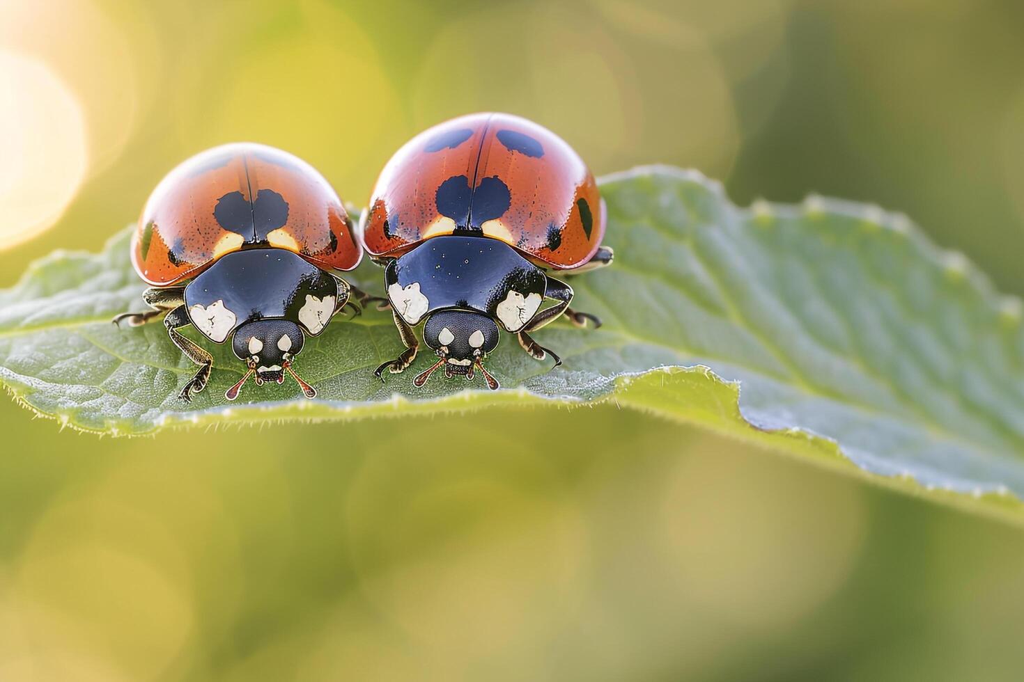 Two Ladybugs Perched on Leaf in Sunlit Garden nature background photo