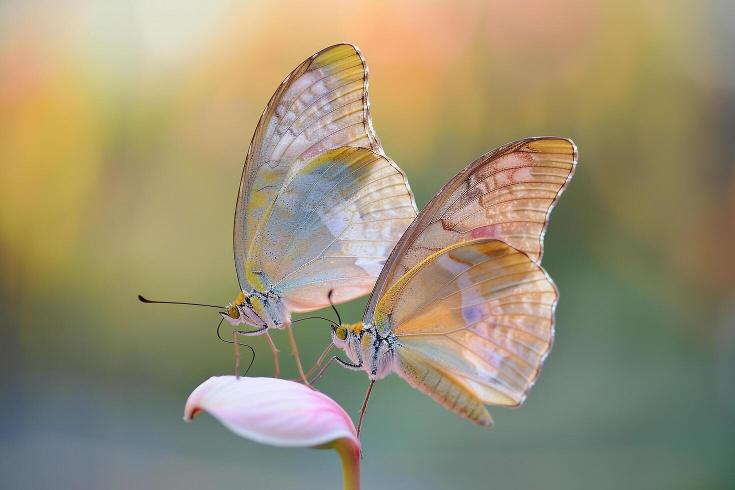 Two Butterflies Resting on Single Flower Petal Wings Gently Touching nature background photo