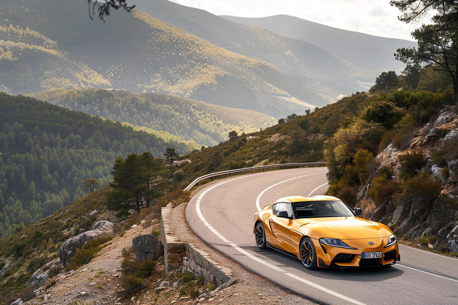 Sporty Performance New Sports Coupe Racing on Winding Mountain Road with Scenic Valleys   nature background photo