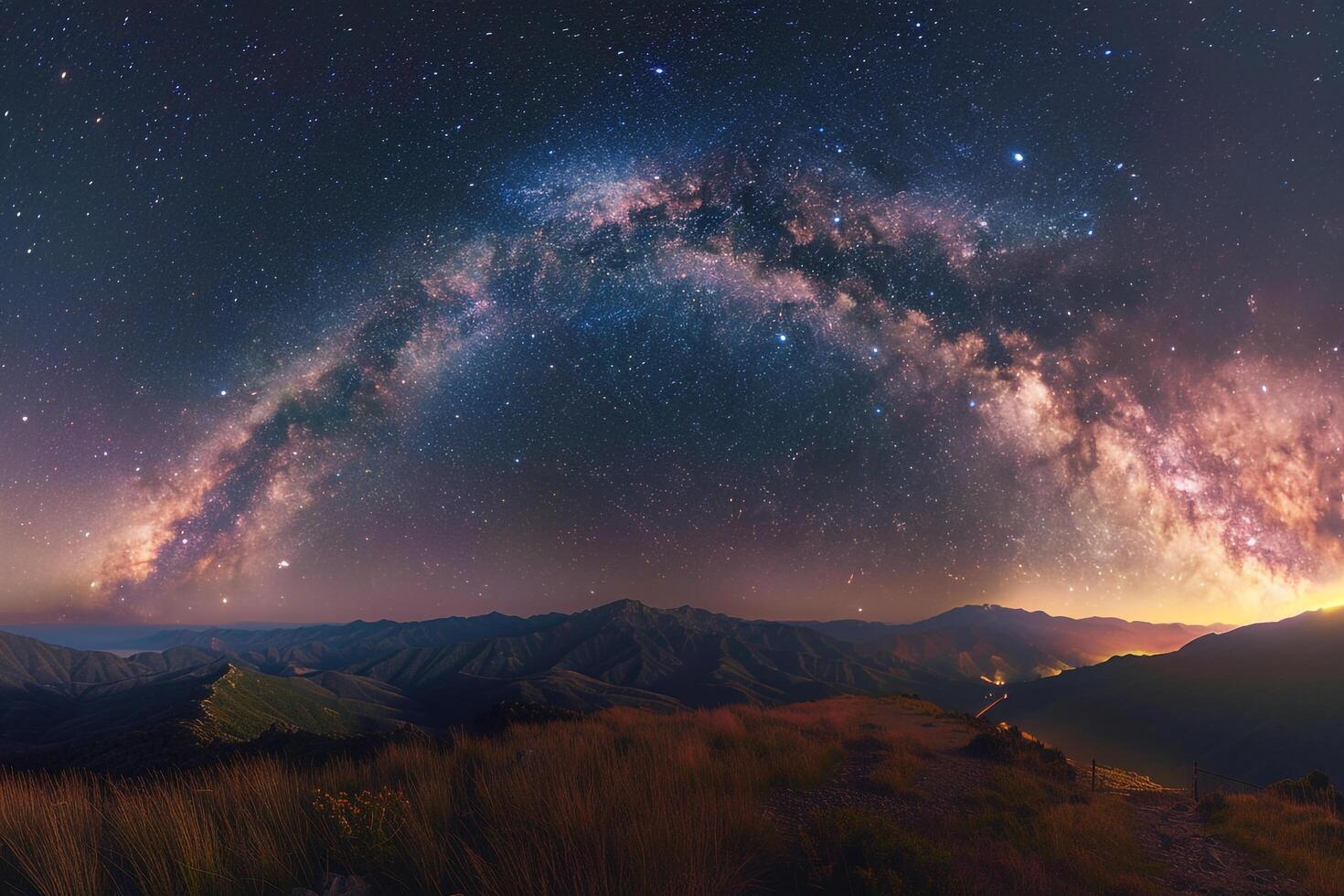 Stellar Splendor Milky Way Galaxy Arching Across Night Sky Over Serene Mountain Landscape   nature background photo