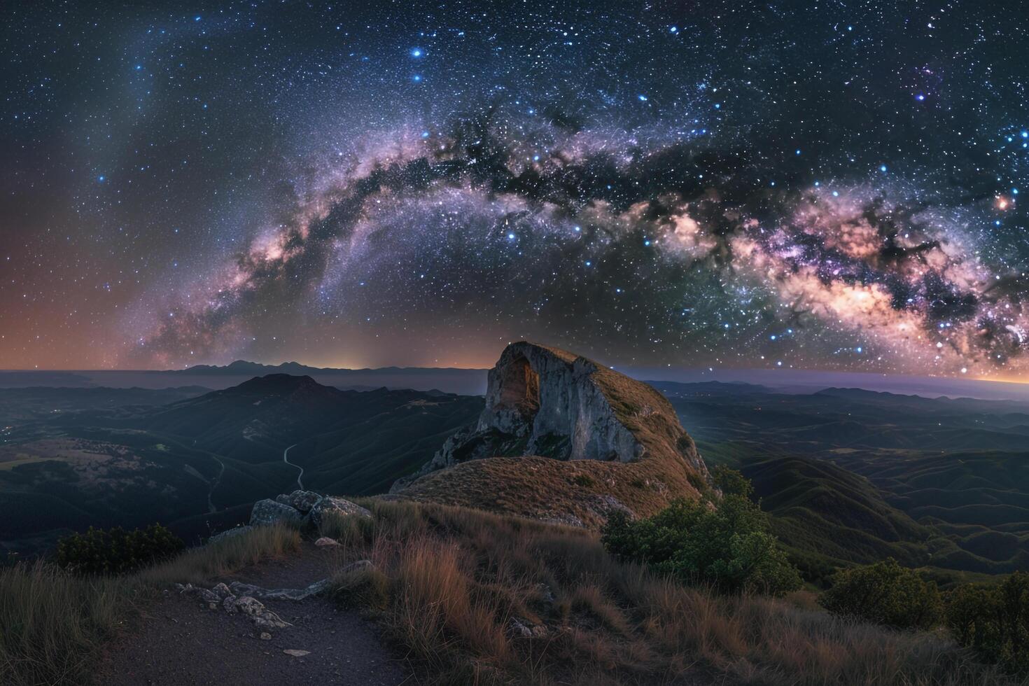 Stellar Splendor Milky Way Galaxy Arching Across Night Sky Over Serene Mountain Landscape   nature background photo