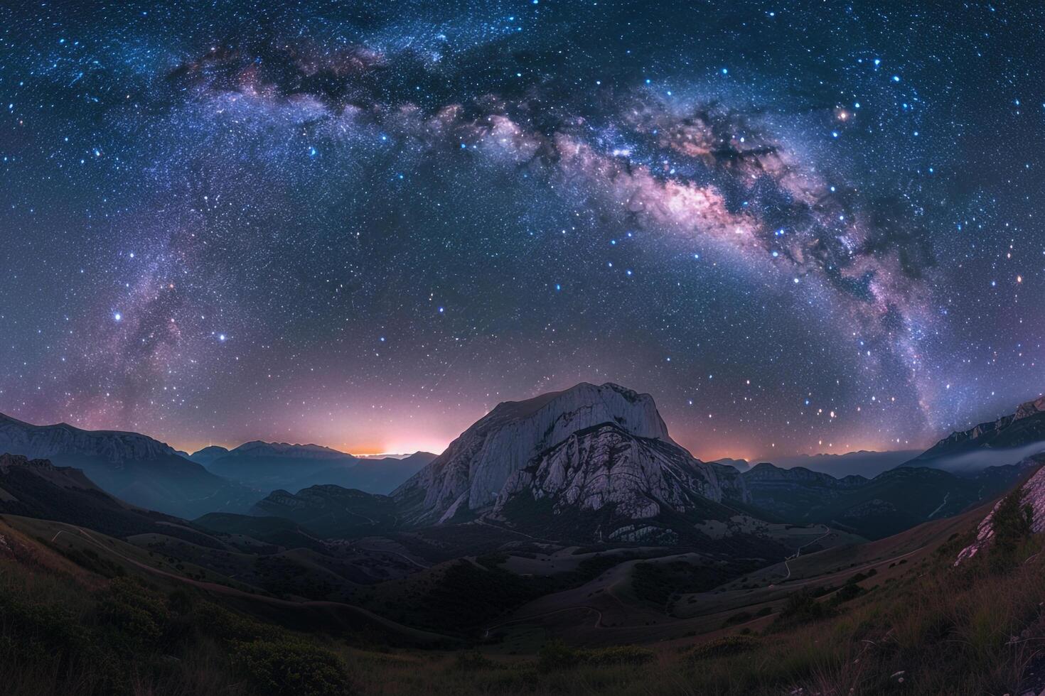 Stellar Splendor Milky Way Galaxy Arching Across Night Sky Over Serene Mountain Landscape   nature background photo