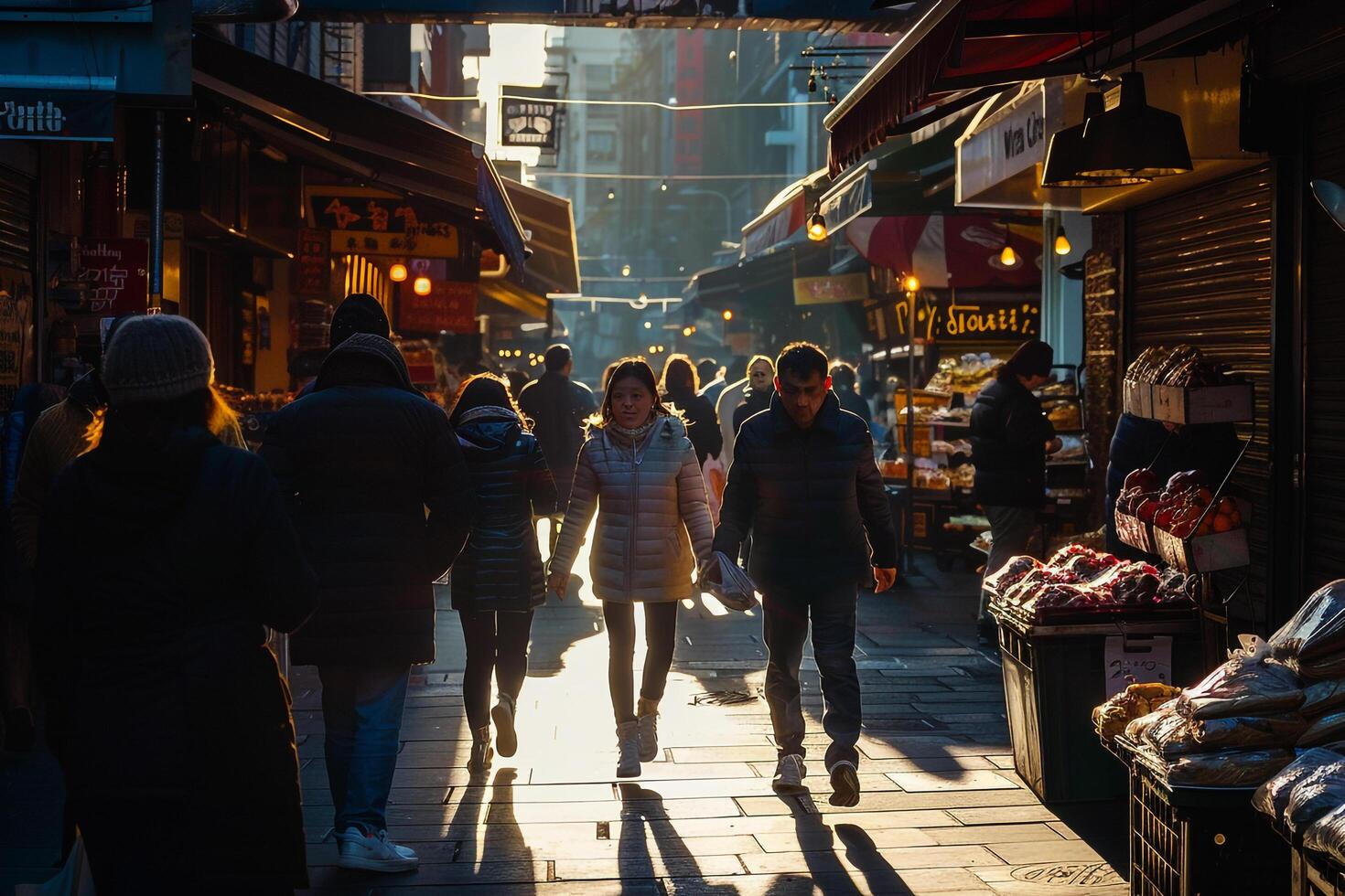 Sunlight Streaming Through Busy Market Street Casting Long Shadows photo