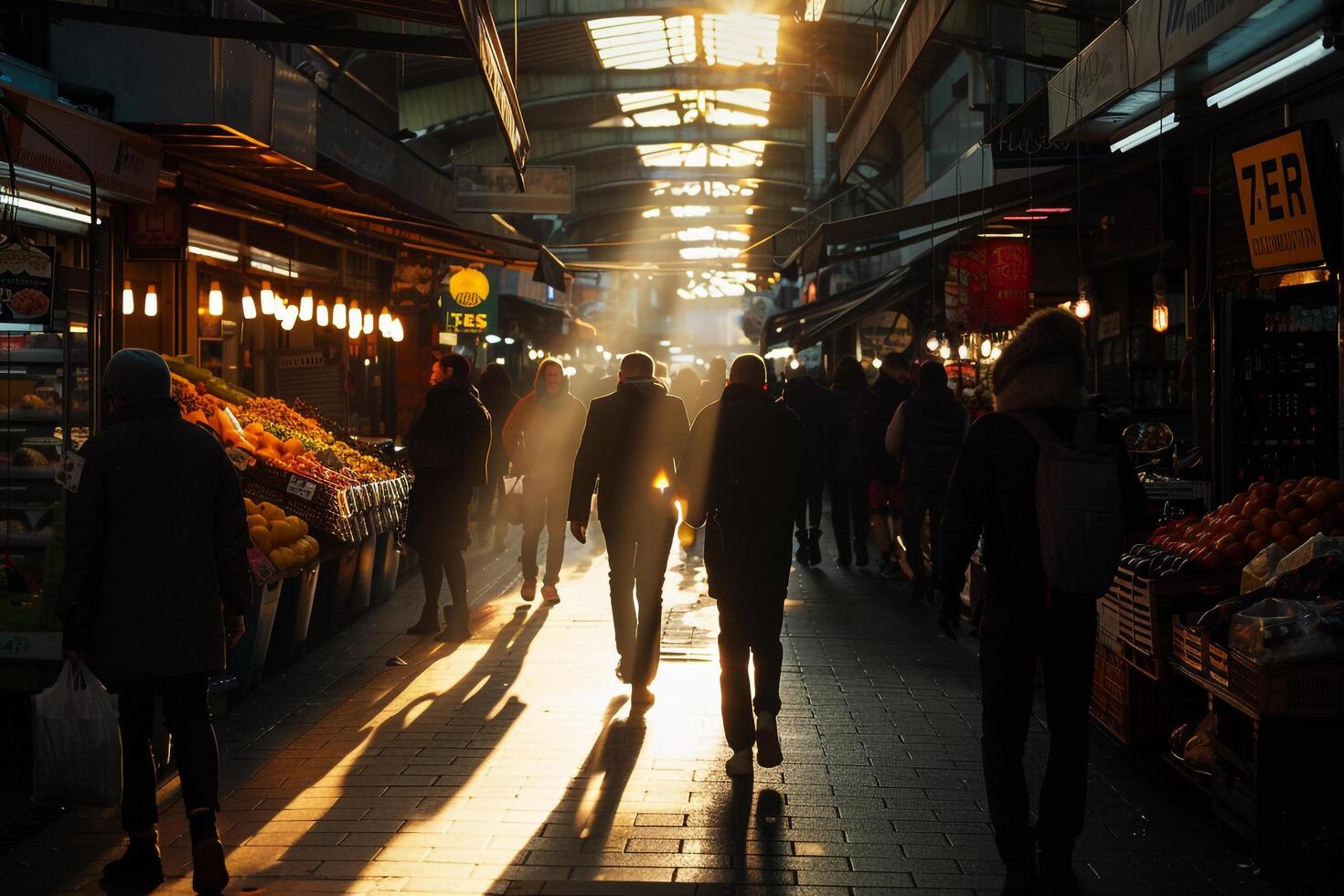 Sunlight Streaming Through Busy Market Street Casting Long Shadows photo