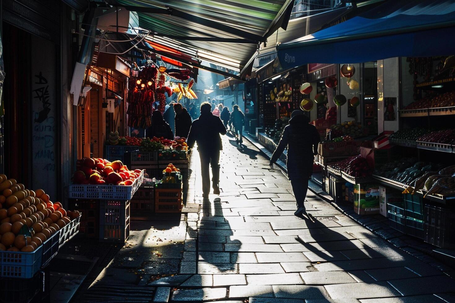 Sunlight Streaming Through Busy Market Street Casting Long Shadows photo