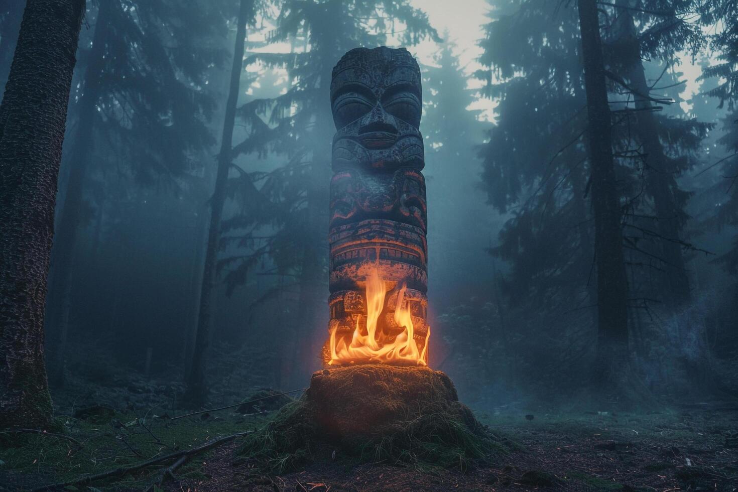 Ethereal Flames Swirling Around Totem Pole in Fog Shrouded Forest Clearing photo