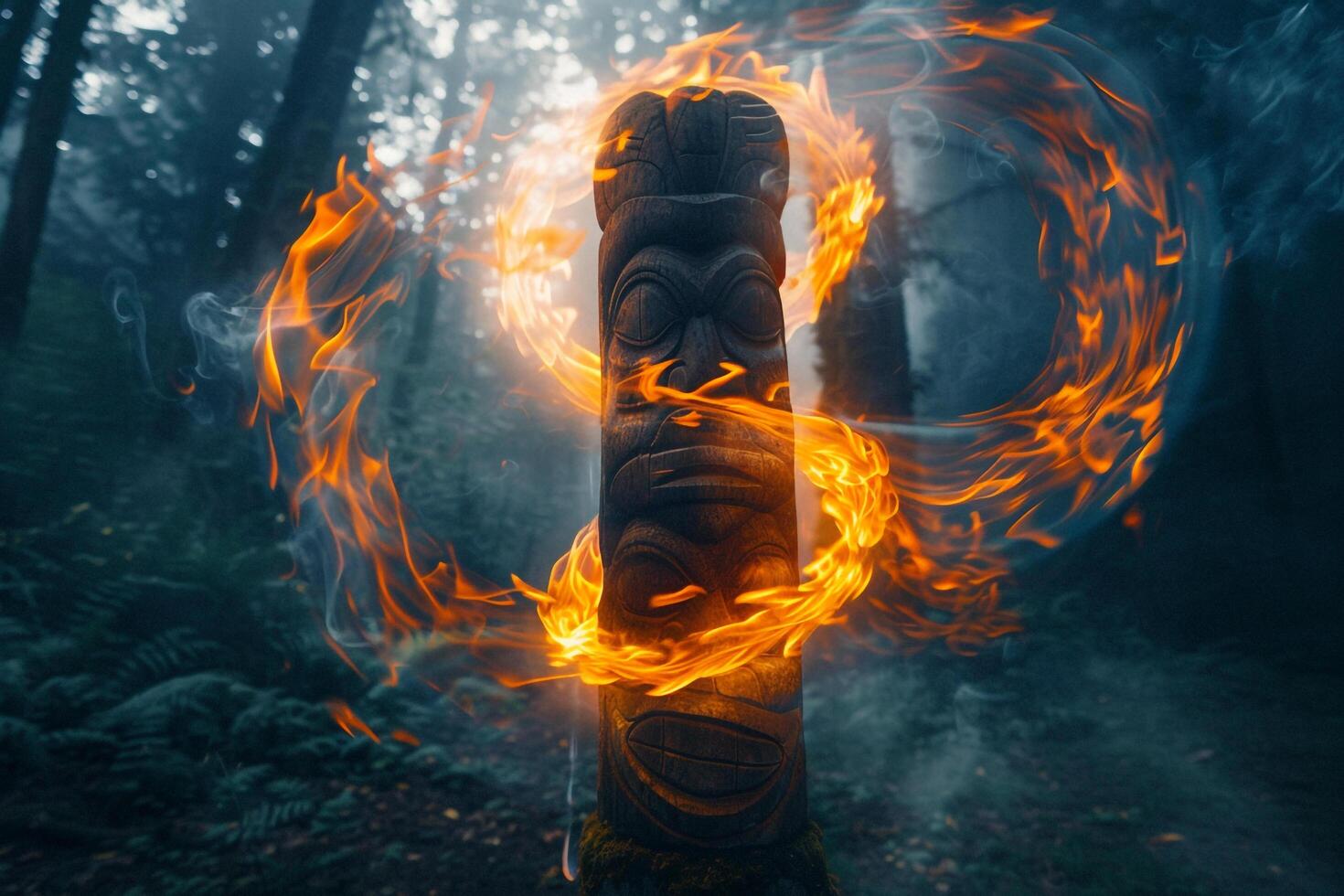 Ethereal Flames Swirling Around Totem Pole in Fog Shrouded Forest Clearing photo
