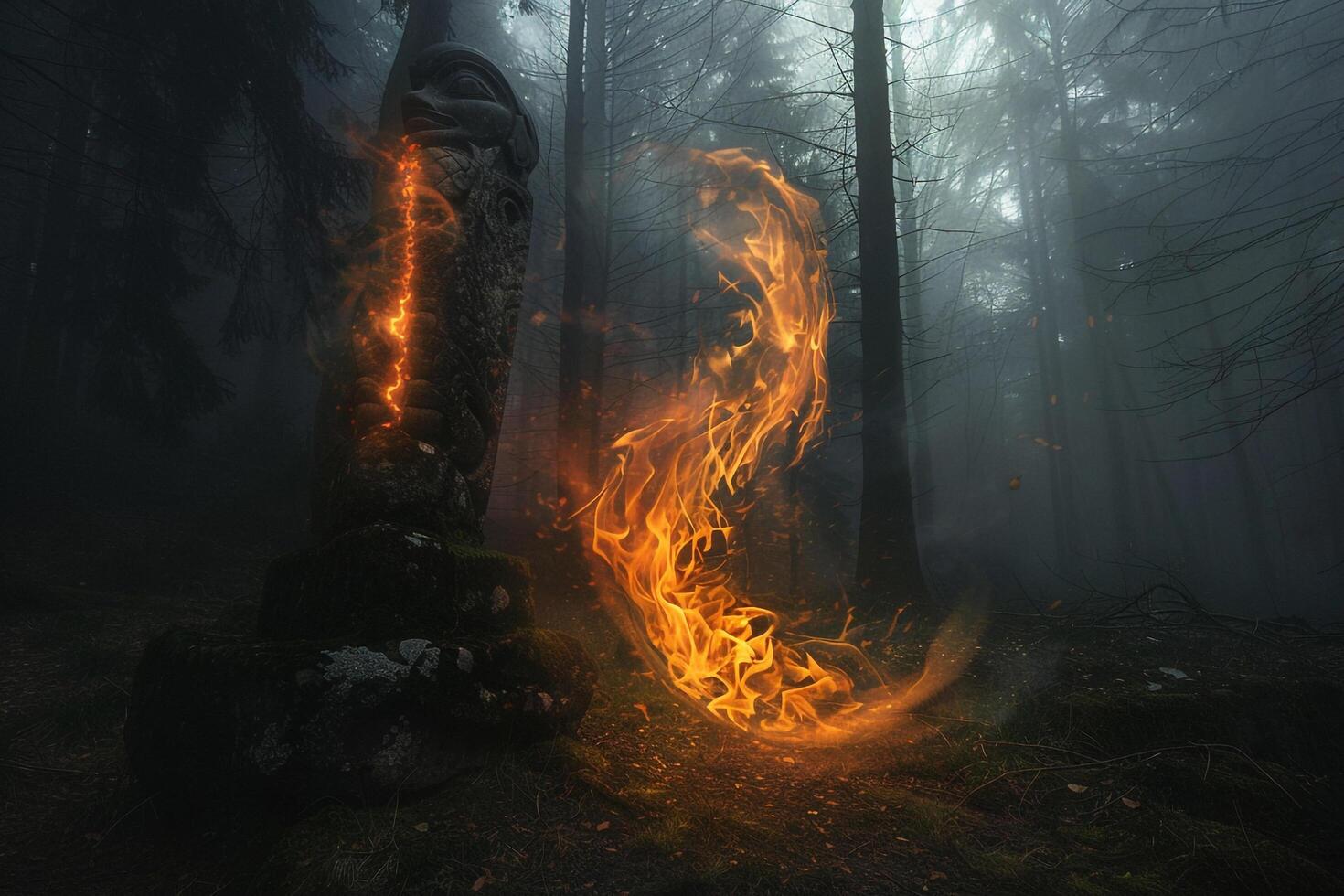 Ethereal Flames Swirling Around Totem Pole in Fog Shrouded Forest Clearing   nature background photo